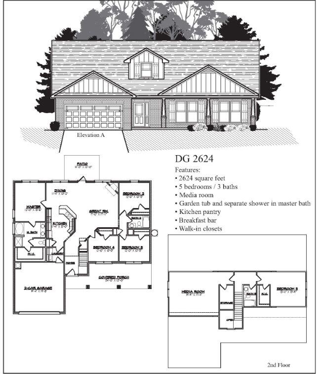 This home offers 5 bedrooms and 3 full bathrooms in 2624 sq ft. The master and 3 bedrooms are on the first floor with the 5th bedroom upstairs. Also on the second floor is a full bath and a large bonus room. The laundry room is located on the first floor for convenience. The exterior of the home is three-sided brick with a Hardie board front and brick skirting. The floors are puretech plus everywhere but bedrooms & stairs which are carpeted. Countertops are quartz in the kitchen and all bathrooms. The great room is spacious and with the 7/12roof pitch it offers elevated ceilings allowing for that grand feeling. This home sits on a 1/2 acre lot and the patio has been upgraded to  a 14' x 10' covered porch. This subdivision is well lit with decorative lamp posts.