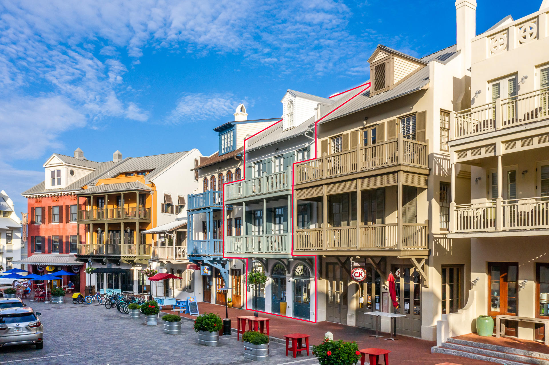 Here is your opportunity to own an entire commercial, live/work building in the heart of Rosemary Beach. With three revenue sources, this building offers a unique experience. Surrounded by some of the finest restaurants and shops in the 30A area, 58 Main St. is exposed to high traffic counts and foot traffic. The first floor is approximately 1079 sqft of retail space, and up above are two additional living quarters, each providing short term vacation rental revenue. The studio apartment on the 2nd floor is approximately 1141 sq feet and offers fantastic gulf views from the balcony. The Penthouse, roughly 1427 sqft, is located on the 3rd and 4th floors and offers two bedrooms, a full kitchen and great outdoor space, including beautiful gulf views, via two balconies . Sold fully furnished (1st floor retail business does not convey) Rental revenue figures are available upon request. Roof and gutters replaced in 2015 and exteriors fully painted in 2019. Buyer to verify details, such as square footage.