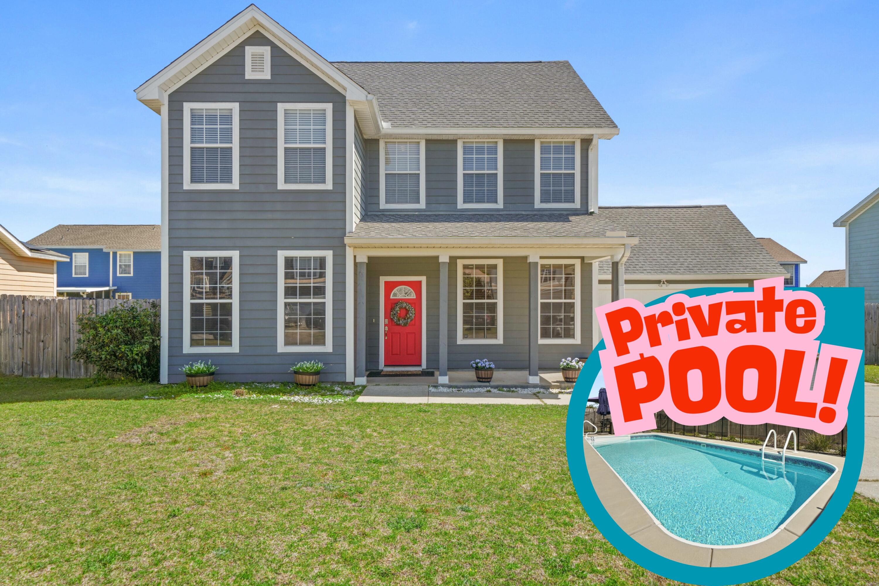 POOL, NEW ROOF, and a rare assumable 3.625% VA loan! Located in convenient south Crestview, this 3drm, 2.5 bath home in Sandy Ridge Estates features a 2023 saltwater pool, abundant natural light, and a flexible layout designed for easy indoor and outdoor living. The brand new roof (3/2026) ensures peace of mind for insurability, and convenient access with less traffic makes everyday living a breeze. The main level includes a formal dining room or office, an additional flex space, stylish vinyl plank flooring, a half bath, and an open kitchen and family room perfect for entertaining. The kitchen offers an island, large pantry, 2022 appliances, and a dining/flex area overlooking the backyard. Step outside to your fully fenced backyard retreat featuring the vinyl liner saltwater pool and hot tub (conveys AS IS). Durable Hardie board siding and added front and rear gutters provide low maintenance peace of mind.
Upstairs, three newly carpeted bedrooms, the guest bath, and laundry room make chores easy. The spacious primary suite boasts a vaulted 11' ceiling, double vanity, linen closet, private water closet, new flooring, and separate shower and soaking tub. Additional updates include a 2022 water heater, and the neighborhood playground is just down the street. Assumable VA loan balance of $299,730.50 at 3.625% interest rate offers a fantastic opportunity for qualified buyers. This home blends updates, lifestyle, and location perfectly--don't miss it!