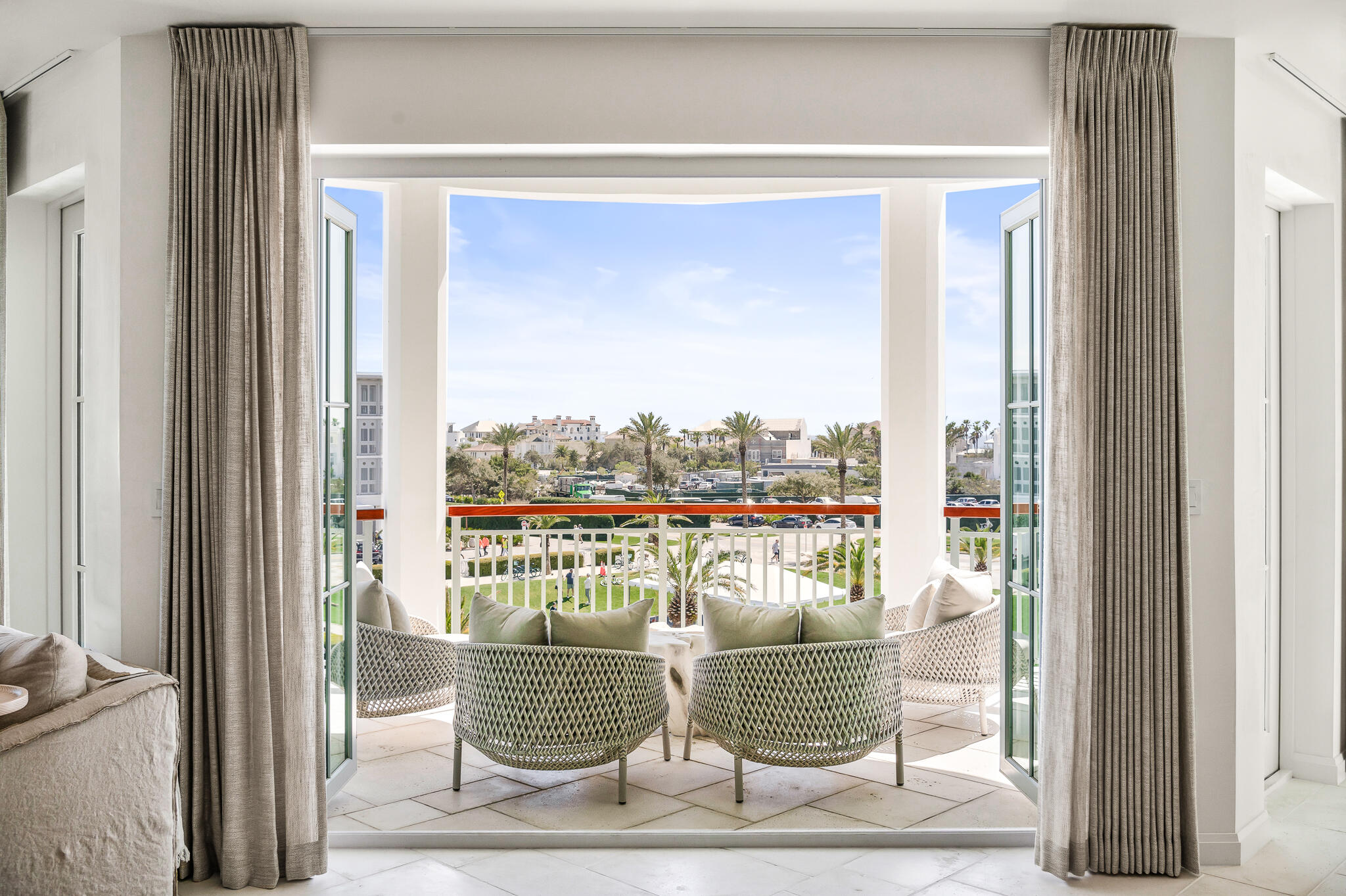 In Whitby 301, the kitchen, living and dining area wrap around a covered porch that looks southeast over the Alys Beach amphitheater to the corridor water views of the Gulf of Mexico. This combined with the interior designs by April Tomlin Interiors from Nashville makes this a special opportunity in Alys Beach. Completed in May of 2021, Whitby 301 is a corner third floor fully upgraded 3 bedroom residence. The master suite looks west towards sunsets through a double wall of windows. 
As Alys Beach Homeowners, the owner of Whitby 301 will have access to the town's most sought-after amenities, including Caliza Pool, the state-of-the-art ZUMA Wellness Center, and the homeowner-exclusive Beach Club.