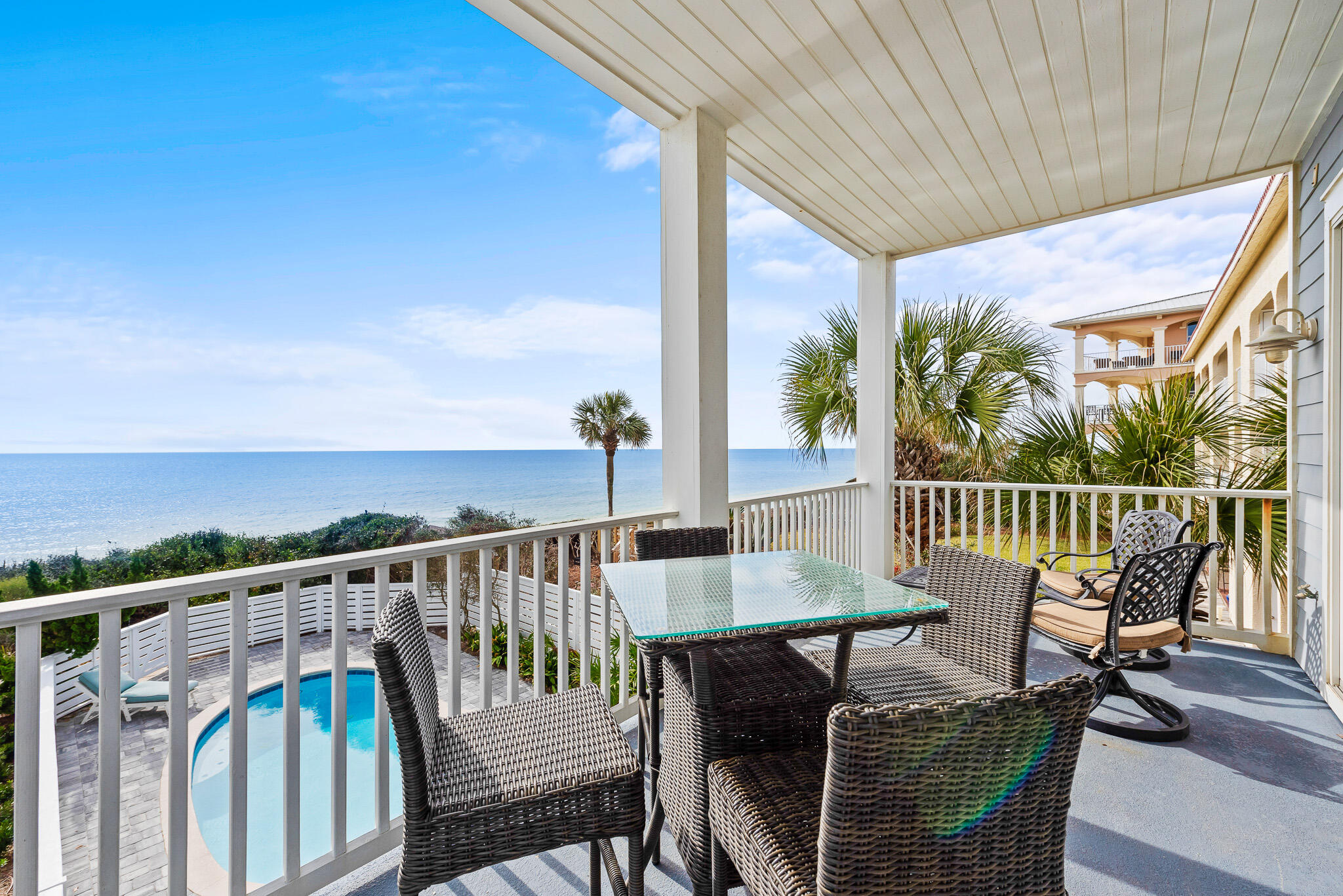 A captivating five-bedroom, Gulf-front, three level beach house that is located on top of a bluff with spectacular views of the Emerald Coast. The private gulf side pool is fully heated and ideal for entertaining any time of the year. The main living area is located on the second floor which encompasses a gourmet kitchen, dining and living room, and outdoor living space overlooking the pool and the Gulf of Mexico. Each and every level of the home has private decks with expansive views and an abundance of natural light. King Master Suite boasting gulf views, vaulted ceilings and a luxurious master bathroom with jetted tub. The junior master suite is conveniently located on the first floor and equipped with a wet bar and gulf front deck. Placed on the 30A beach path and only minutes away from the resort communities of Alys Beach, Seaside, Rosemary Beach and Watercolor.