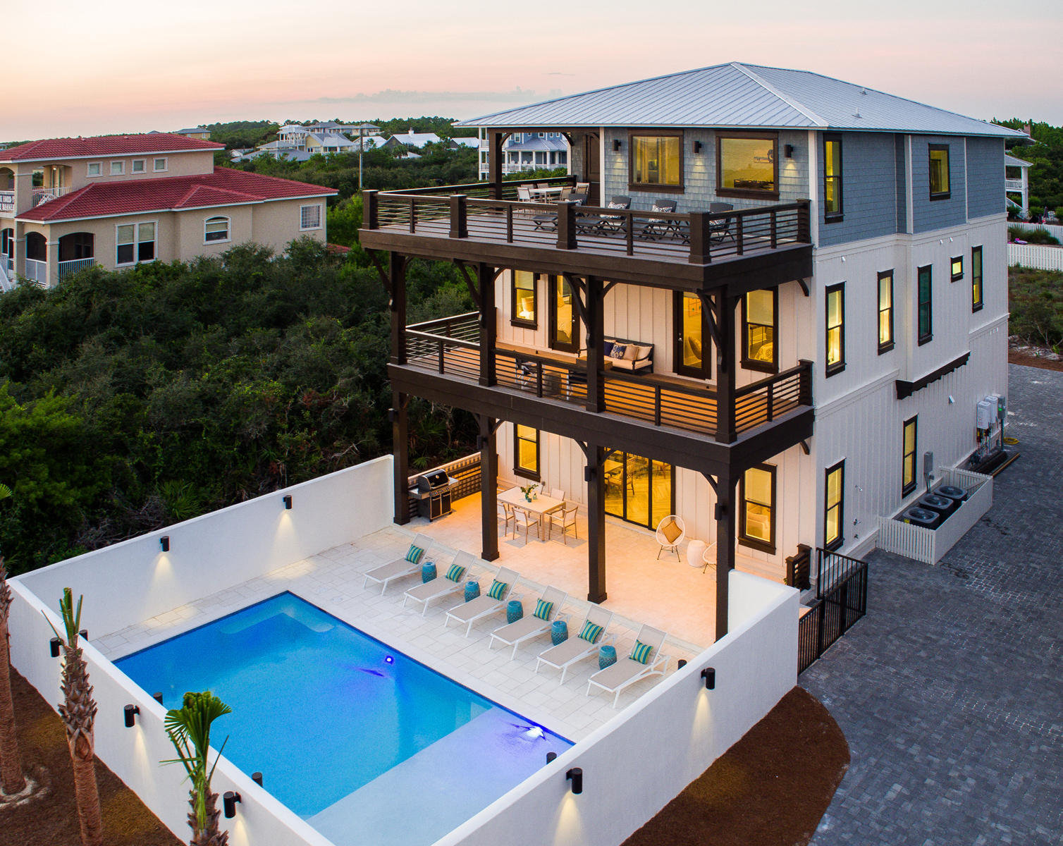 *House is under construction. Photos represent the same floor plan by the same builder in a different location. Finishes and selections do not portray final choices.*
Stunning new home to be built south of 30A with forever gulf views! This soon to be built home boasts 7 bedrooms, 8 bathroom, and is 3 stories. Upon pulling up you will immediately notice the gulf side pool, and expansive decks, ideal for entertaining. Entering the home, the spacious great room will catch your eye along with the state of the art kitchen and dining area. This space is the perfect place to gather with friends and family. Additionally, on the first floor, is a master bedroom with his and hers closets and an en-suite bathroom. Just off the master is the laundry room and an elevator. Off the kitchen, there is large glass doors leading to the. Either taking the elevator or the custom stairs leading to the second floor you will enter upon the foyer area with 4 more en-suite bedrooms. Additionally, there is a open deck which overlooks your outdoor entertaining area.