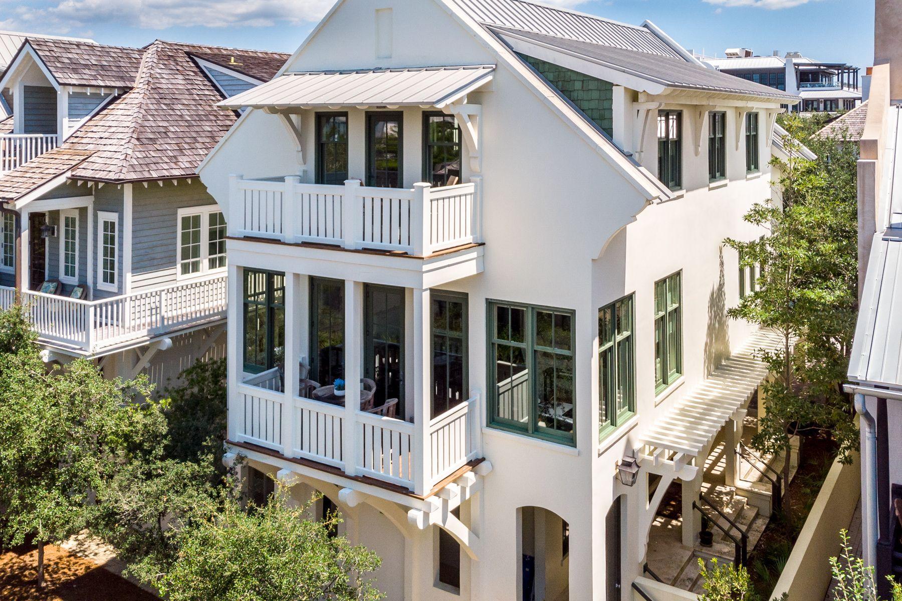 This elegant, bright and fully furnished Rosemary Beach home is located on the south side of 30A, 2 blocks from the beach, a block from town center and directly across from the Barbados pool. Offering 3,397 SF, this 4 bedroom, 4.5 bath home is thoughtfully designed and makes the perfect second home or vacation rental investment property. There is over $100k in rentals on the books with projections to reach $131,000+. Enter this beautiful, well-maintained home into a generous and well-appointed foyer. The first floor also offers 2 large guest bedrooms each with an ensuite bathroom. The 2nd Floor opens into a light filled open concept kitchen/living/dining area featuring 12ft ceilings, abundant windows, gulf views along with a lovely master suite, large laundry room and power room. The chef's kitchen offers all you need to feel right at home including a 6-burner Viking gas range and a Subzero refrigerator. 
On the third level is a secondary living area featuring a media area, game table, full bar with kitchenette and porch with gulf views.  The final bedroom on this level is the bunk room, which offers a built-in twin-over-twin bunk bed and access to a shared bathroom with a shower. Rosemary Beach is one of South Walton's New Urbanist Communities offering world class amenities including beautiful tennis center and boasts stunning West Indies style architecture, almost a half mile of white sandy beaches.