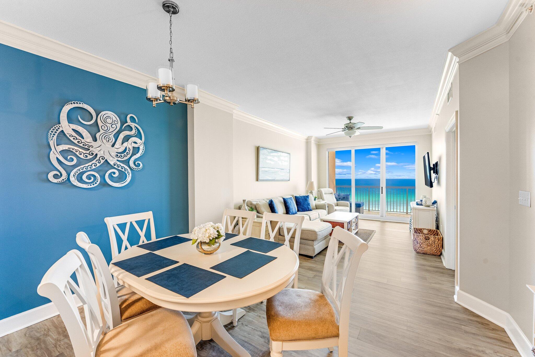 Welcome to your dream retreat at Sunrise Beach Resort, minutes to Rosemary Beach! Enjoy that 30A Coastal Luxury Lifestyle while owning in Panama City Beach. As you enter you're greeted with a completely remodeled condo with gorgeous Coastal Charm, with updated decore! This stunning 2-bedroom, 2-bathroom condo with a bonus bunk room is perched on the 16th floor, offering breathtaking panoramic views of the Gulf of Mexico's sugar-white sands. Every morning, wake up to the serene beauty of the ocean from your oceanfront master suite, and unwind in style in your elegantly designed living space. You'll be swept away in the master bath as you shower off the saltwater kisses. Step inside to discover a home meticulously crafted for comfort and luxury. The unit features all-new stainless steel appliances, sleek solid wood cabinets, and dazzling natural Quartzite countertops and backsplash in the kitchen. The dining area has seating for six to enjoy the delicious meals cooked at home or ordered to go! Elegant LVP flooring, crown molding, and custom shades on the Gulf-side sliders add a touch of sophistication throughout. The new light fixtures with dimmer switches makes for nice evenings at home curled up on the couch listening to the waves crash against the sand. The primary bedroom and living area are beautifully furnished with customized American Drew furniture by Lazyboy, ensuring both style and comfort. The upgraded AC and heating system with a non-corrosive coil enhances your living experience, maintaining the perfect climate year-round. Sunrise Beach Resort elevates your lifestyle with exceptional amenities, including two elevated Gulf-front pools (one seasonally heated), two inviting hot tubs, and outdoor grills with a covered picnic area. Enjoy casual dining at the Soggy Dollar Cafe or take a leisurely stroll along the boardwalk leading to the pristine waters of the Gulf. Stay active and fit with a Gulf-view gym and take advantage of the covered garage parking conveniently located under the condo building. Located just a stone's throw from Pier Park's shopping and dining options, this condo combines luxury living with unbeatable convenience. Experience the ultimate beachfront lifestyle today.