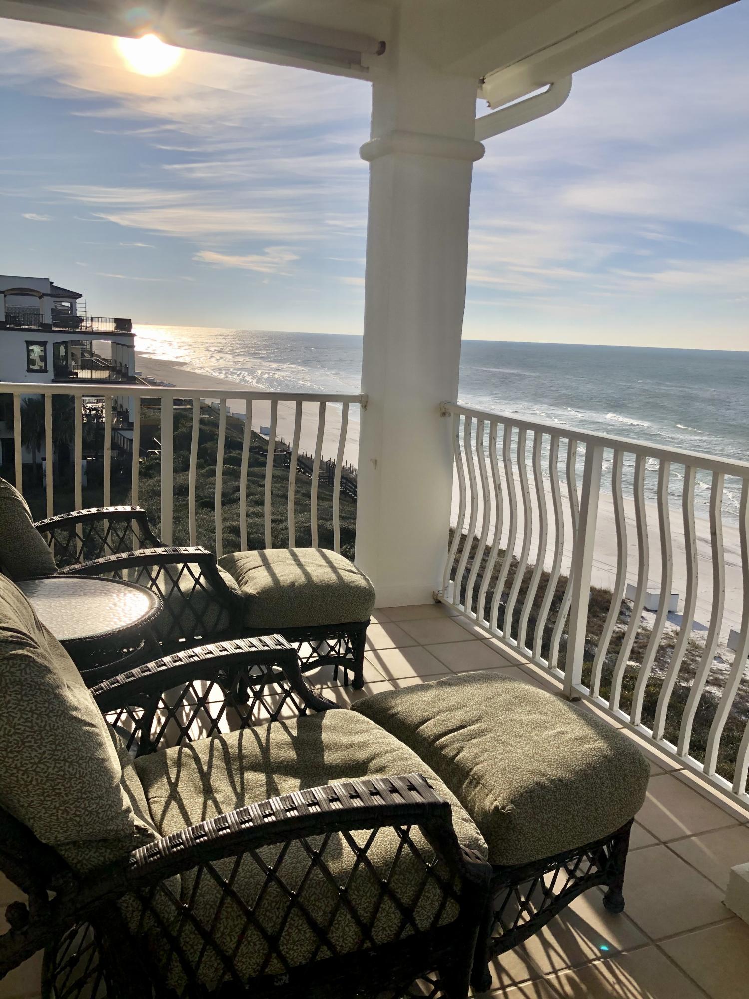 This premier Gulf Front condo at the Villas of Sunset Beach is located in a small gated, three-building development on the east end of Scenic Highway 30A nestled between Rosemary and Alys Beach, one of the most popular stretches of 30A. This East-end, Top Floor condo is the perfect beach home or rental investment. With only two condos per floor and eight in each building, this spacious condo will easily accommodate your family and guests with three well-proportioned bedrooms. The main living/dining areas face the Gulf with unsurpassed gulf views and opens onto an expansive 27' balcony. Enjoy over 240 feet of pristine beach frontage, take a swim in the Gulf side pool or just relax on the large covered balcony. Upgrades include a huge kitchen with quartz island, remodeled baths and kitchen, stone floors throughout, large master shower with two showers heads, glass enclosure, spa tub, large crown molding in every room, tank-less water heater, and custom fireplace surround.