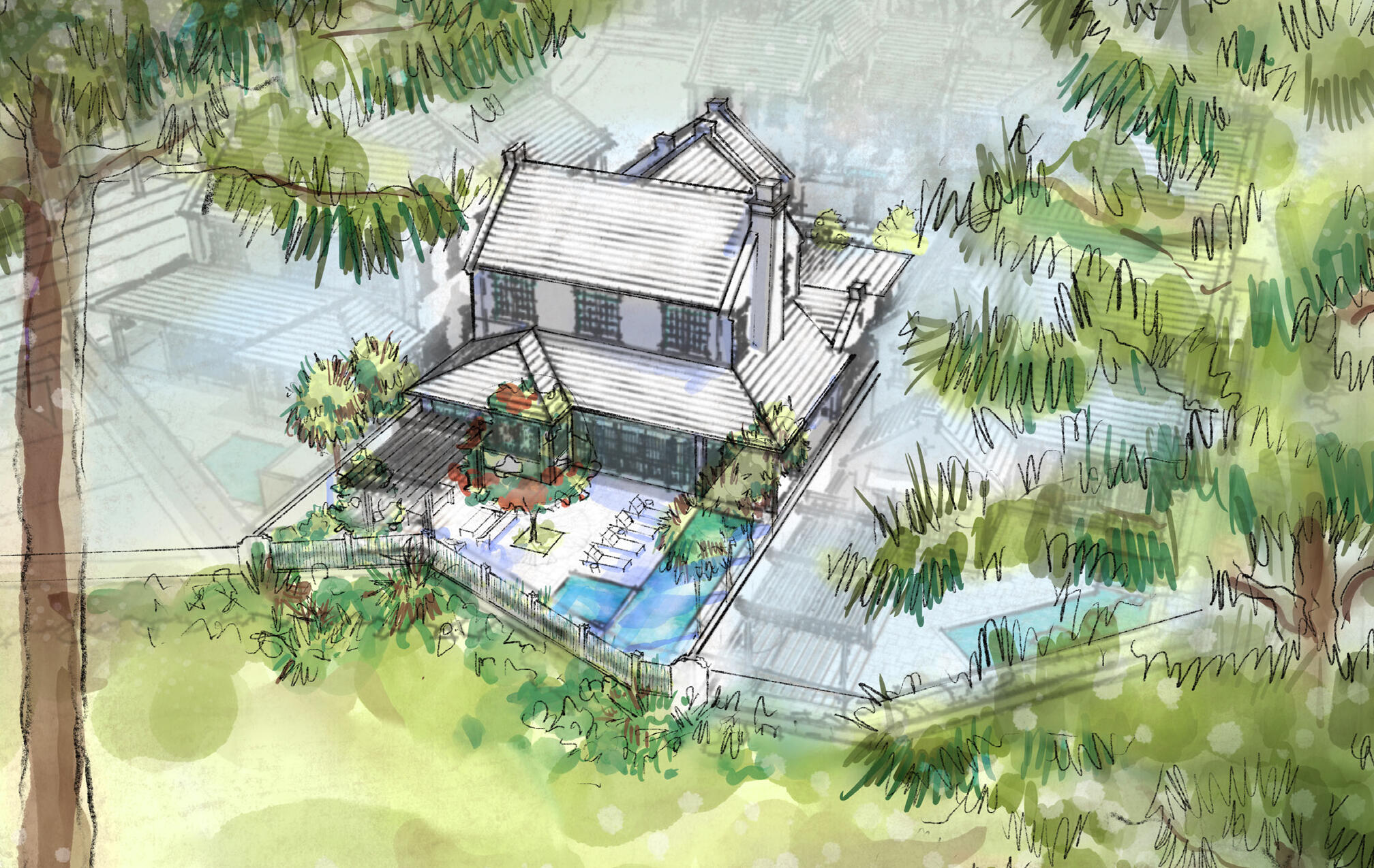 This Somerset Home, GG10, features streetscapes characterized by white garden walls that open onto a rugged natural landscape. A neighborhood that is bit more ''Country'' than ''Town.'' Much emphasis was placed on outdoor living with an open arrangement of interior spaces extending outdoors with garden rooms and courtyards shaded by trellises and arbors. Outdoor gathering places with firepit alcoves, water features, thoughtfully placed pools, covered summer kitchens and bars, and screened garden rooms are designed to maximize each property's use and enjoyment. GG10 fronts the 20-acre Nature Preserve, in close proximity to the The Silva amenity to be delivered in the GG Block. The Silva will be
comprised of a central event lawn, an enclosed pavilion opening onto the event lawn, pool, and covered terrace with pool and cafe.