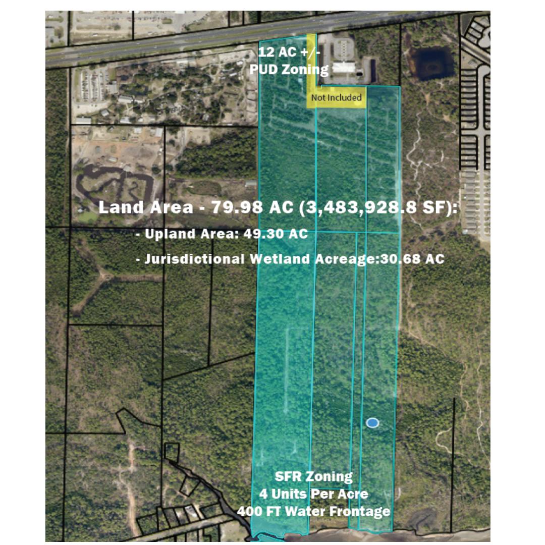 Highly desirable, mixed-use land tract, perfect for multi-use development. The property is a 79.98-acre tract under two zoning districts. Approximately, 12 acres fronts Gulf Breeze Pkwy and is zoned PBD (Planned Business District). This portion of the property enjoys maximum exposure on a heavy traffic corridor and is well suited for commercial development. The remaining 68 acres is zoned R-1 (SF residential) and allows for a density of up to 4 units per acre. The property has a level topography. The location is in an area of increasing home values, and strong continued demand for newly built homes. The property enjoys over 400 FT of frontage on Santa Rosa Sound- noted for its boating, world-class fishing, and breathtaking views. 
 
Upland: 49.30
Jurisdictional wetlands 30.68 Large rectangular in shape land tract stretching from HWY 98 all the way to Santa Rosa Sound. The property is level to slightly rolling with 350 ft of Frontage on HWY 98 and 400 FT of Water Frontage


20-2S-27-0000-01201-0000 15.29 AC
20-2S-27-0000-00303-0000 7.00 AC
20-2S-27-0000-00301-0000 6.39 AC
29-2S-27-0000-00200-0000 20.85 AC
29-2S-27-0000-01900-0000 13.71 AC
29-2S-27-0000-00101-0000 12.4 AC
29-2S-27-0000-01800-0000 4.27 Ac