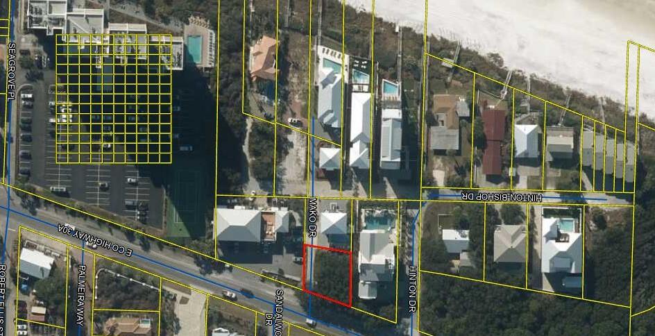Property south of 30A in Seagrove Beach area.  Walking distance to restaurants and shopping.  Have your dream house on this lot with its shared private deeded beach access. One of a kind right on 30A. This is a corner lot on Mako and Co Hwy 30A.  It has a shared private gated deeded beach access.