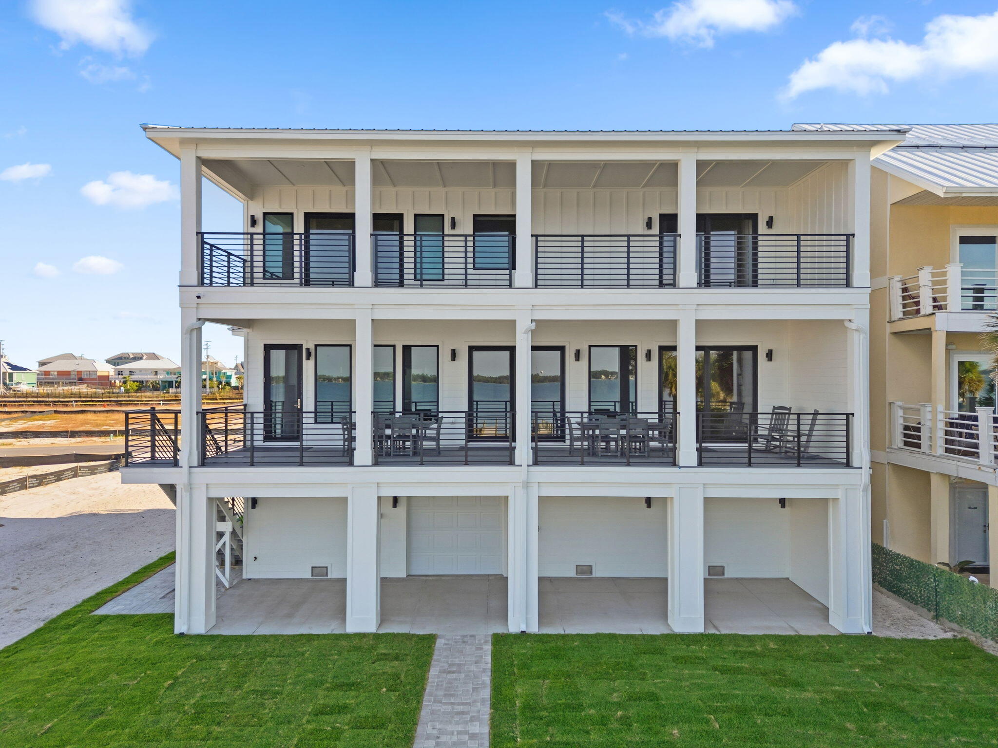 Brand new construction on a deep water lot with a dock on the Sound at beautiful Navarre Beach!  This Bock Construction home was just completed and is ready for you.  This home is being sold fully furnished and could be an amazing waterfront home with a place to keep your boat in your own backyard or as an amazing turnkey vacation rental.  Excellent water depth at the dock.  Enjoy multiple 50 feet waterfront decks to watch the birds and the dolphins while being steps away from a relaxing great room with room for everybody.  Plenty of storage underneath for all your toys and beach gear along with an elevator so everyone has easy access to this beautiful home.  The outside is as beautiful as the gorgeous interior and features the dock, a sodded yard, and a white sandy beach out back!
