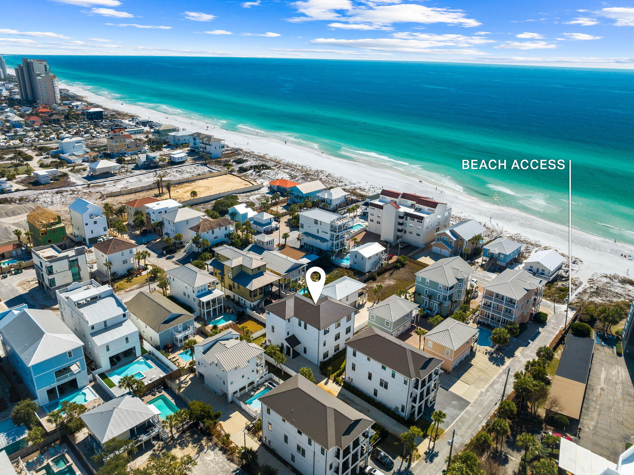 Experience the pinnacle of coastal luxury at 211 Snowdrift Road with PRIVATE DEEDED BEACH ACCESS. An extraordinary modern beach home designed to maximize both Gulf views and rental potential. Tucked inside a coveted gated community in Miramar Beach, this recently built masterpiece offers over 5,900 square feet of elegant living space just steps from your deeded beach access. With 9 luxurious bedrooms, 9 full bathrooms, 2 half baths, and an elevator, every inch of this home has been thoughtfully curated for comfort, style, and functionality. The first floor is all about relaxation and entertainment, featuring three king suites, a cozy living room, and a private in-home theater complete with a large screen, reclining chairs with cup holders, and extra bean bags for casual lounging. A nearby laundry room adds convenience. Step outside to your private oasis with a sparkling pool, hot tub, and fenced-in backyard. Perfect for grilling, dining, and gathering under the sun. The second floor is the heart of the home, with a sun-soaked open layout and floor-to-ceiling windows that frame partial Gulf views. The stylish main living area is outfitted with bold fabrics, rich textures, and vibrant coastal colors, while the adjacent dining and bar area make entertaining a breeze. The chef's kitchen is a dream, boasting a Viking six-burner gas stove, a professional refrigerator, and a spacious pantry. Two additional king suites are also located on this level, one with balcony access and water views. Upstairs, privacy meets luxury. The primary suite includes balcony access and a spa-like ensuite with dual vanities, a garden tub, and a walk-in shower, all while capturing breathtaking views of the Gulf. You'll also find three more king suites, a second laundry room, and a fun bunk room with two twin-over-full bunks and a private ensuite, perfect for kids or extra guests. Located south of Highway 98, in a serene and exclusive neighborhood next to Silver Sands Premium Outlets, this home is just minutes from fine dining, boutique shopping, and entertainment at Grand Boulevard. With deeded beach access just steps from the front door, 211 Snowdrift Road is more than a home. It's a lifestyle. Don't miss this rare opportunity to own a showstopping vacation retreat or investment property in the heart of South Walton.