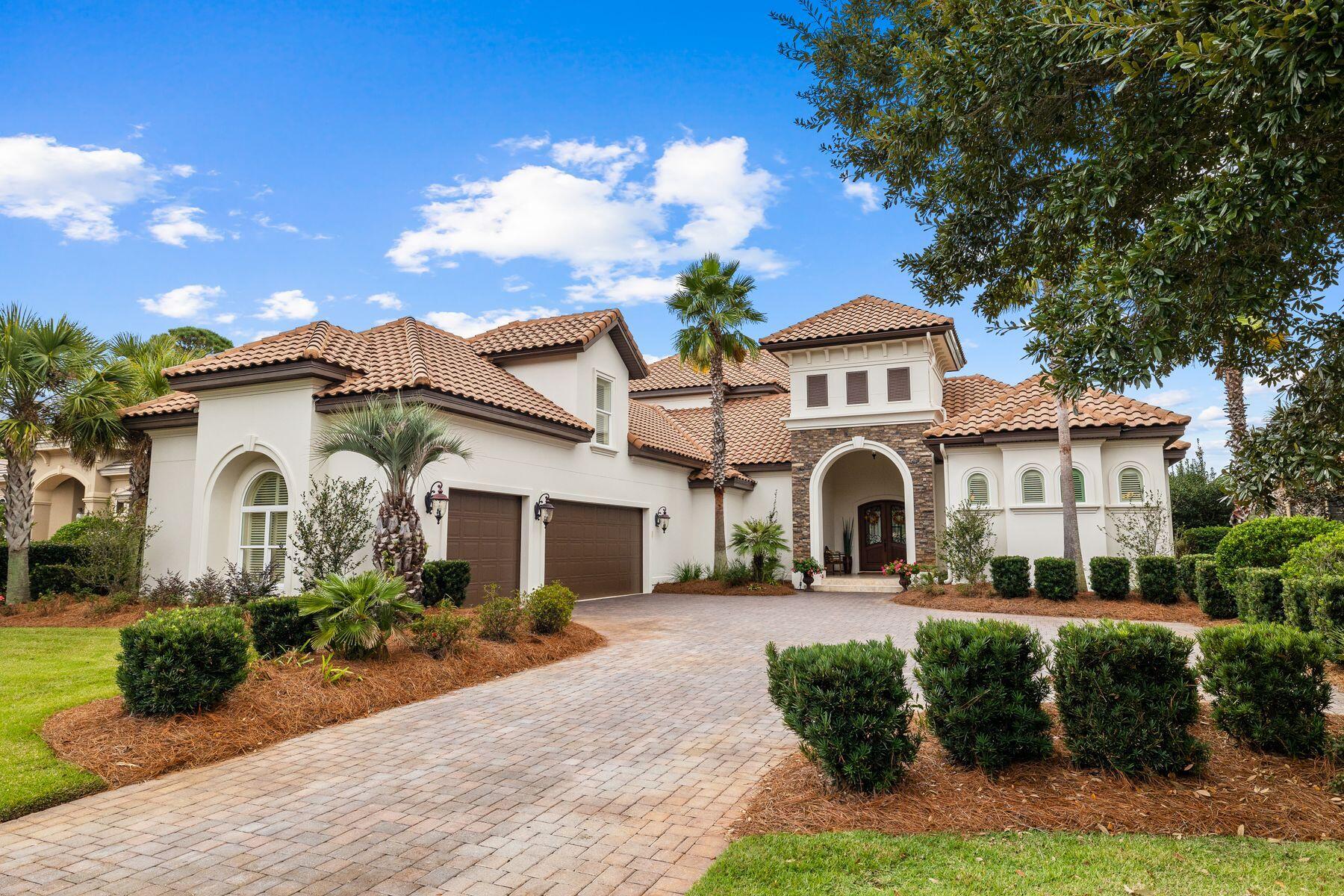 This beautifully architected Tuscan-inspired residence was custom-built by Boswell in 2014, and seldom used. From high-end materials to the private pool overlooking the sculpted golf course, it exudes a sense of quality and exclusivity. Luxury living includes 12-ft. ceilings, polished travertine flooring, automated window treatments, plantation shutters and masterful use of natural materials. A succession of living and dining spaces are connected by open doorways featuring decorative door casing. The grand foyer makes a magnificent first impression and is open to the pool and golf views straight from paradise. The 4,500-sq.-ft. floor plan means every room is generously sized. Five bedrooms plus an additional office/bedroom, six full baths and a powder room can easily accommodate multi-generation families or guests, allowing them to savor the magnificent location and resort amenities. The primary suite includes a sitting area with fireplace, a spacious bath with a large shower plus his and hers walk-in closets. Outdoor living offers lush golf views of the fairway and #3 green from the first-floor screened lanai and vast second-floor balcony. Relax in the hot tub or lounge around the pool listening to the tinkling water cascade while shielded by a low privacy wall. The covered dining area includes an outdoor kitchen with a built-in barbecue for entertaining. A stone-built chimney and outdoor fireplace add a cozy touch. Nowhere shows off the quality better than the gourmet kitchen where wood cabinets and Thermador appliances are complemented by a granite-topped island, walk-in pantry and wood-paneled bar. It's a natural informal hub for hanging out with pre-dinner cocktails while chatting to the chef. The extensive paved driveway leads to a garage which has room to park three vehicles plus a golf cart. Mature landscaping, four air-con systems and a security system round off the high-quality features. Sandestin amenities are renowned with four golf courses, a world-class tennis center, fitness club, seven miles of white sandy beaches, Baytowne Marina and fabulous shopping and dining at Grand Boulevard and the Village of Baytowne Wharf. This is everyday living for discerning residents living in the exclusive Preserve neighborhood at Burnt Pine Golf Club.