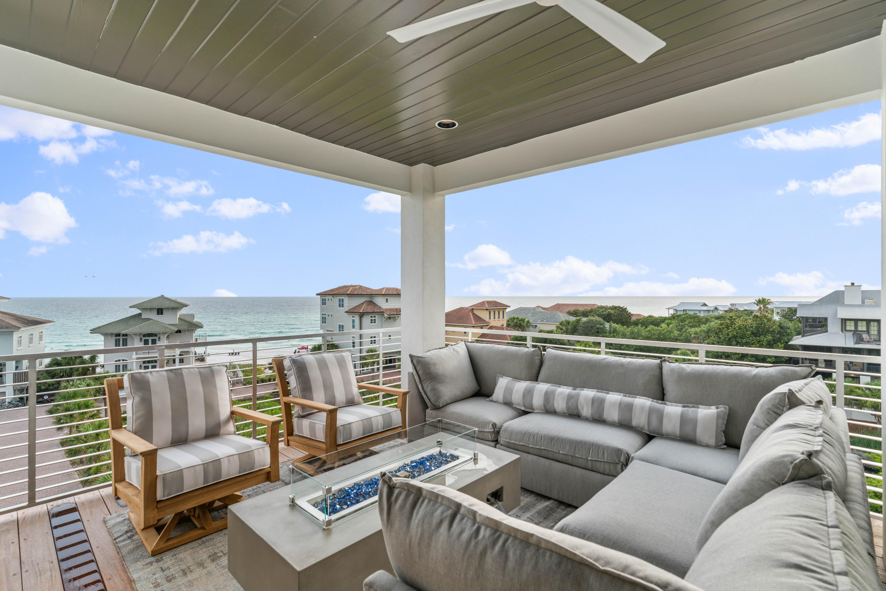 Introducing the highly anticipated release of the final home in Caspian Estates ... The Corner Lot with forever Gulf views. This 4,616 sq ft, 5 Bedroom, 5 Full Baths, 2 Half Baths and the 4th floor, 447 sq ft, Forever Gulf Views covered terrace with firepit sectional seating & TV sectional accessible by the 4-stop elevator, will be your family's home away from home. The first-floor entry foyer gives way to the humidity-controlled wine cave, oversized laundry with storage room, half bath, beverage refrigerator and ice maker, guest room and full bath. Custom millwork in the staircase leads you to the second floor with a ''swinging'' King bed & two custom wall mount bunk twin beds, bathroom with soaking tub & shower. The double door entry to the Master suite with feature wall and morning bar walk-in closet with vanity table, lighted mirror & sink, spa bath with freestanding tub and double head shower, a private covered porch with forever Gulf views for days from the swinging bed. Open floor plan living and dining room open to the covered corner dining porch with built in grill and beautiful sugar sand & Gulf views. The main living floor boasts the gourmet kitchen with high gloss white cabinets, "backsplash" window, corner pantry, center island, Jenn Air appliances, Gas Range and built in coffee/cappuccino maker with retractable sliding glass wall door that opens to a covered porch with grilling & dining area. With the guidance of Melynda Birnberg, MelB Designs of Atlanta, this home has been professionally furnished and styled. Alexandra Gotsch of Gotsch Studio is the architect for the project at Caspian estates along with Developer, Catherine Dozier and Simmons Custom Home Builders. Their vision for this project was to create a contemporary oasis in the heart of his established beach community South of 30A.