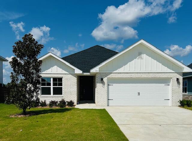 Limited-time offer: Receive up to $35,000 price discount on this home. Ask about our 3.99% interest rate buy down promotion with our preferred lender. Community also has USDA financing with zero down payment for those that qualify. 
Located close to the community pool & cabana, this new Craftsman Style home  is conveniently located about 20 mins to world-famous 30A beaches.  This 3 BR / 2 BA with cathedral ceilings, 8' beautifully crafted front door, large covered patio, Quartz countertops in kitchen & both baths, LVP flooring throughout, separate garden tub and shower in Primary Bath, upgraded Moen faucets, lever handled hardware, soft close drawers is complete w/fully sodded yard & sprinkler system. 
*Some photos have been virtually staged to illustrate the property's potential.*