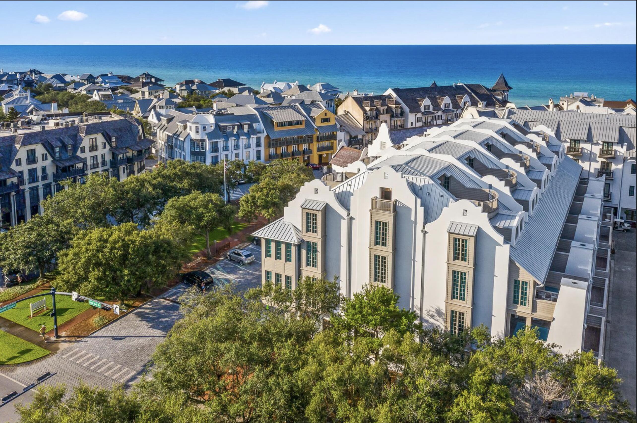 16 S Barrett Square is a captivating 6,972 sf residence that encompasses five levels from the ground floor with its own private elevator and rooftop terrace with breathtaking forever gulf views. Featuring 7 bedrooms, 8 bathrooms and over 3,000 sf of outdoor living space- live stylish and luxurious in this European designed condo in the prestigious community of Rosemary Beach. Everything in this home is hand picked- from the lighting to the finest of finishes.Thoughtfully curated with a vibrant color palette achieving a special balance of contemporary and elegant features. Second floor living space features a state-of-the art kitchen, butler's pantry, two separate living rooms, large formal dining room, and wet bar. Beautiful architectural details are noticed like the vaulted 12' ceilings, White Venetian plaster, V-groove wood paneled walls and wire brushed European white oak flooring. Opening up to a porch that spans the width of the living room with views of the South Barrett Square of Rosemary Beach.  Outdoors there is a private pool deck covered with Flagstone pavers, Fireplace and ample seating for lounging and entertainment. The master suite has direct balcony access and all the upgrades;  two separate master baths and closets, Carrara marble tile from the floor to ceiling, private porch and tall windows that bring the beautiful outdoors inside. The rooftop floor gives idea to the concept of elevated living with expansive views of the Gulf and ample space for seating and relaxation. The home has top functionality and storage for full time living but can serve as the perfect vacation home or rental. Information contained within this listing such as square footage, is deemed to be accurate but is not guaranteed. Buyer to verify.