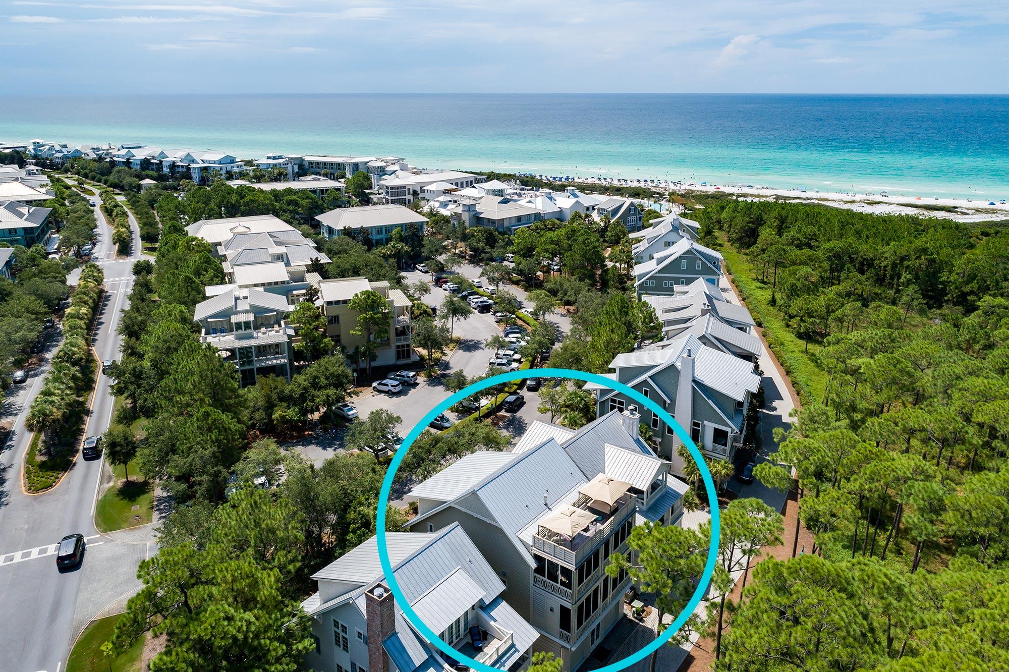 The sophisticated luxury residence is prominently situated gulf-side in Watercolor, Florida, at the prestigious address of Park Row Lane. Offering three stories of extraordinary living space, the sleek modern five bedroom residence is well-poised overlooking the Gulf,  just steps to the beach and Watercolor Beach Club.  Bordered by state lands and Western Lake, the exclusive and private south of 30A location offers forever protected views and stunning sunsets to be enjoyed on the rooftop deck. 
The first level offers a stunning marble atrium with two spacious guest suites and full bathroom. A custom-built bunk room offers kids their own retreat, complete with a full bathroom fitted with a jacuzzi and steam shower. Ascend via the custom showcase glass elevator or staircase to the second level and enjoy the spacious and open dining room, living area, bar and chef's dream kitchen. The large bar for entertaining includes two Edgestar wine coolers, mini fridge and ice maker with plenty of storage. The impressive kitchen centers on an oversized marble island.  High-end finishes include a Thermador cook top and range hood, two Fisher and Paykel dishwashers, Thermador refrigerator/freezer, Thermador stacked ovens, dumbwaiter, built-in coffee station, butler's pantry. The open kitchen maximizes your entertainment options.  Open the retractable doors to enjoy the indoor-outdoor living and relax on the screened porch overlooking Western Lake and preserve lands. 
Continuing upwards to the third level is a study with custom built- ins and a full bathroom.  The master suite occupies the full rear west side of the third level, a luxurious sanctuary with ample comfort and relaxation.  Light is invited inside through retractable doors that lead to another private, screened porch with gorgeous views. Mount the outdoor staircase up to the roof top deck and enjoy the jacuzzi with great views of the Gulf . The master bath features a double vanity, a separate walk-in shower with rain head, a two-person built-in Jacuzzi tub with its own television, and a three-sided custom fireplace imported from Europe.  His and hers walk-in custom closets with built in shelving make one's dressing area a luxury.  A morning kitchen and a second laundry room complete the suite's high level appointments
This residence is steps from a wealth of amenities that include the full-service gulf-front Beach Club, a tennis center, boat house on Western Lake and Gulf-front beach club. 
11 Park Row Lane offers an incredible vacation rental option, projected to annually generate over $230,000!