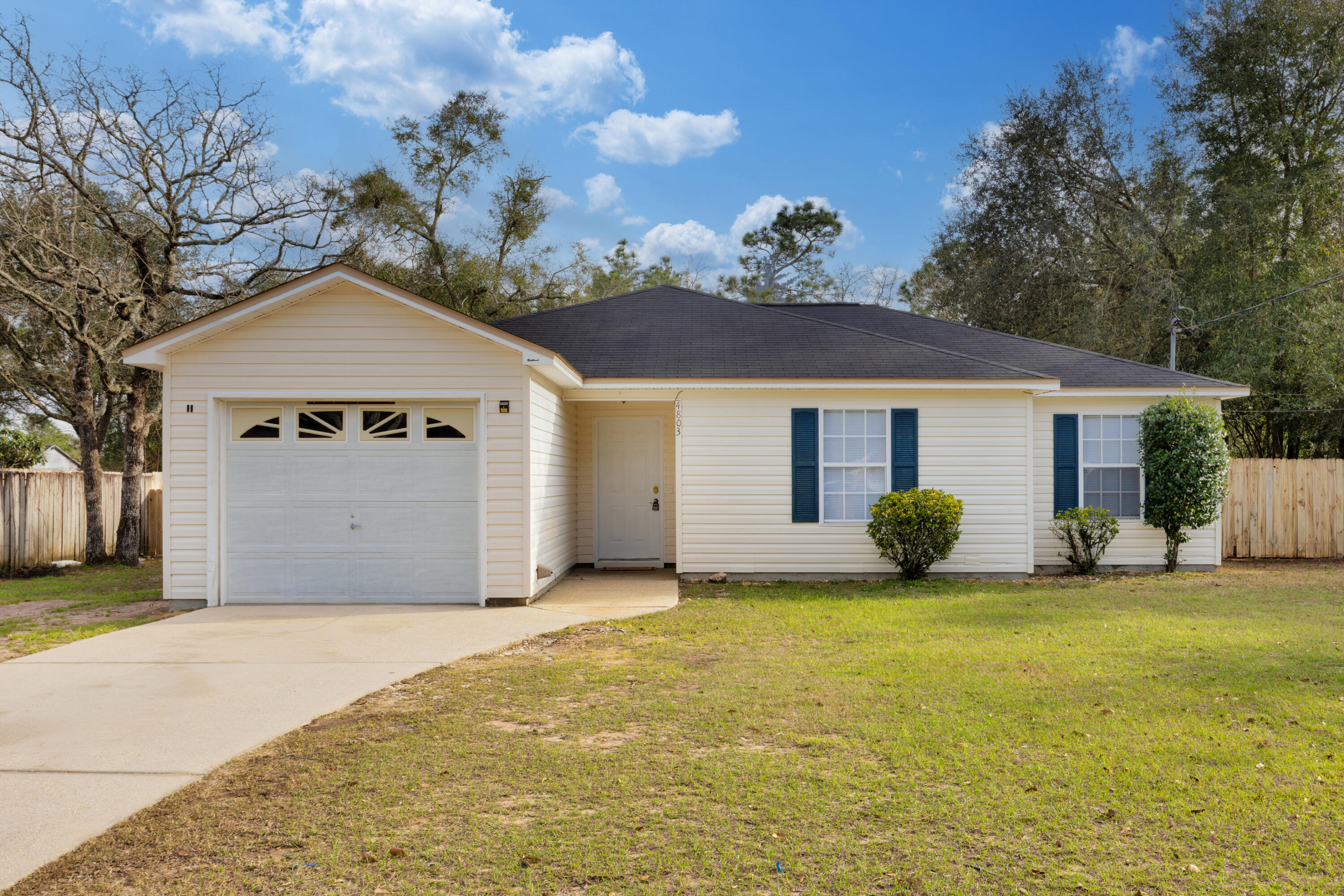 Move-in ready home on the south end of Crestview. The home features wood laminate flooring throughout, tile in the wet areas, a vaulted ceiling, an eat-in kitchen, a pantry, and kitchen appliances. The home has been freshly painted in a neutral color throughout. The large backyard is privacy fenced. No HOA and located in the county for lower property taxes.