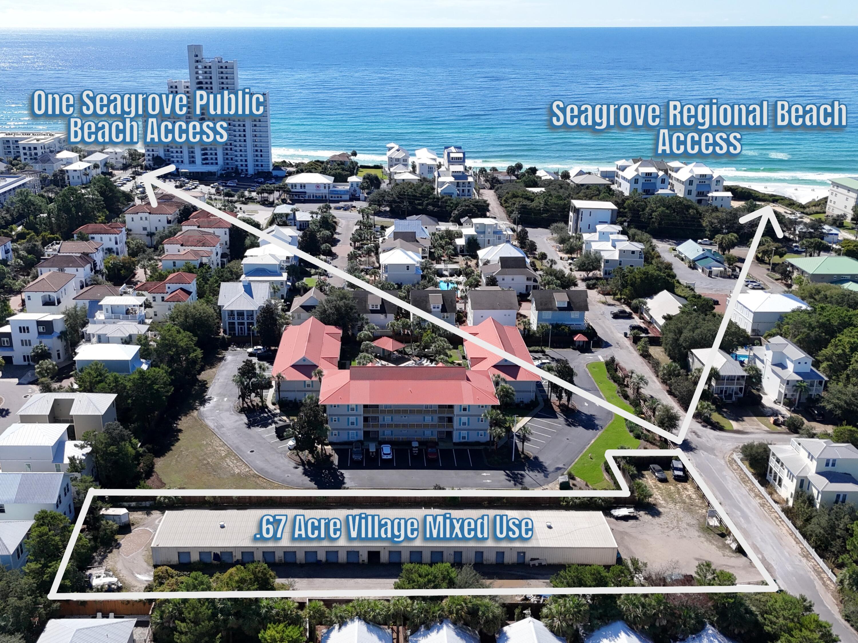 One of the last best opportunities to do a mixed use development in Seagrove.  Currently operating as a self storage facility and zoned Village Mixed Use. Ideal for redevelopment into either residential and/or commercial. Two blocks to the New Seagrove Regional Beach Access with restrooms, handicap access, parking, and drop off area. Approximately .67 acres. Buyer to verify dimensions, square footage, and allowable usages.