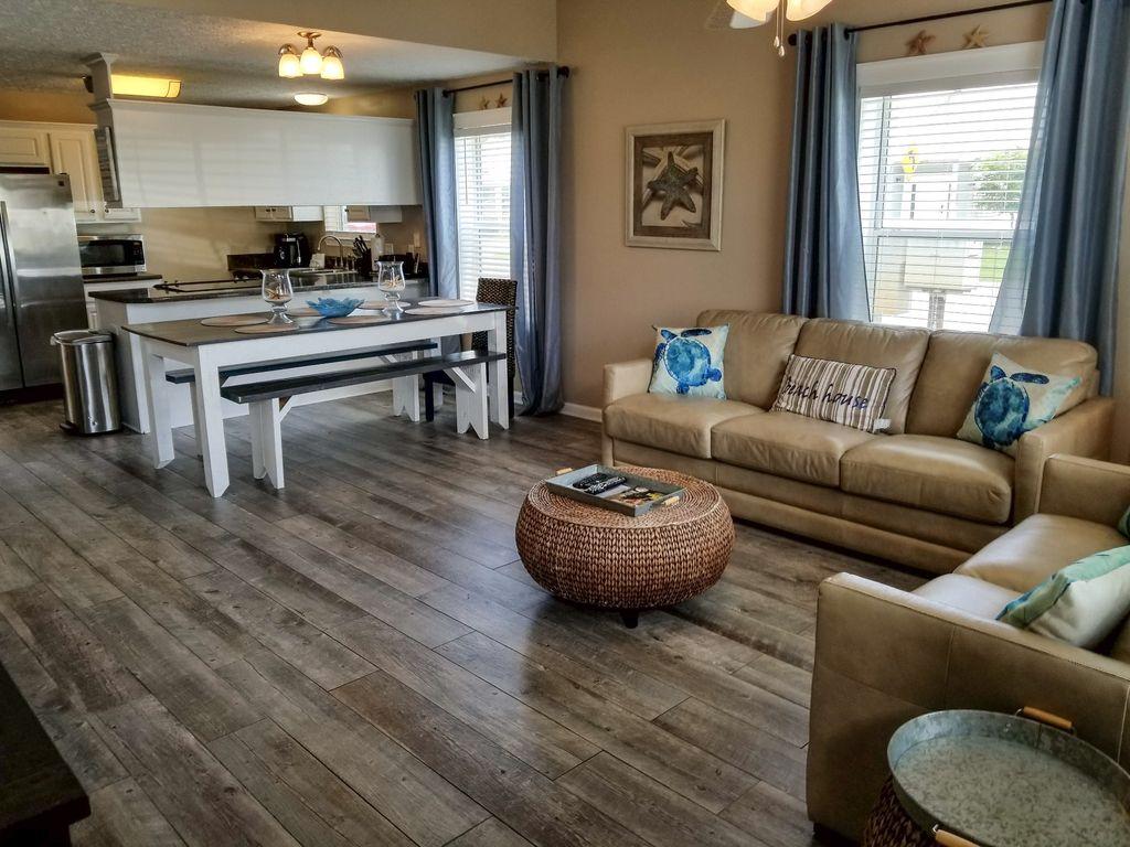 Here is your chance to own a furnished, Turn-Key property walking distance from the white sand beach. This end-unit property has a proven short-term rental history and is professionally managed with no detail left unattended. The pictures you see are accurate depictions of the property. It really looks this good and better in person. You could buy this property and no work would be needed on the unit or the rental set-up, this unit is absolutely turn-key!
Fresh remodel and tastefully appointed decor will allow new owners to immediately enjoy hassle-free beach living. This end unit has been pre-approved for fencing which could add 600 additional square feet of outdoor living. Low Low HOA fee's cover yard work, as well as common area and pool maintenance not to mention, low HOA fee help increase ROI.  Enjoy evening walks inside the gates of Palm Cove or take an evening stroll to the beach from this centrally located complex.  

With over 1400 square feet of living area, this beach retreat can comfortably accommodate up to 10 guests.  Private bedrooms and open living area offer the perfect balance for long term or short term living. All measurements subject to buyer verification.  This unit is a popular rental unit and will most likely require one or more days advance notice.  Seller will negotiate offers subject to buyers inspection on first available vacancy day.