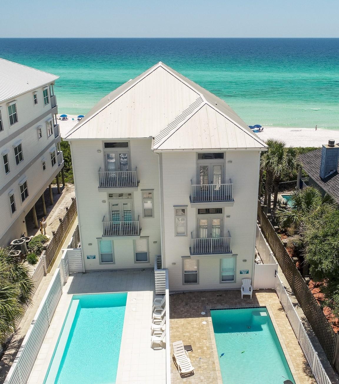 WELCOME HOME to your GULF FRONT OASIS! Panoramic views of the Gulf emerald waters from all floors with expansive balconies. Recently renovated with the living area /dining/ kitchen on the 2nd floor complete with new kitchen, new furnishings, everything perfect for your primary residence, second home or rental investment. Top floor Master has impressive views of the Gulf with spacious living area and master
bath. Home is artfully designed with multiple spacious bedrooms with balconies providing plenty of private spaces. Outdoor living at its best with private pool and private walkover to the beach. Strong rental history! Sublime Beach Living at its pinnacle! Start living your DREAM where every day is a weekend. All information deemed correct but should by verified by buyers. This dynamic home is located centrally on Scenic Hwy. 30-A.  Just steps or a bike ride to Seaside, Rosemary Beach, Alys Beach and all the restaurants, shopping, entertainment and fun of Hwy 30-A.
First floor has 2 bedrooms (huge bunk room for the kids) and another bedroom with bath between.  Second floor has spacious living area which flows to dining and kitchen...great space for entertaining with panoramic views of the Gulf's emerald waters from the balcony. 3rd bedroom on 2nd floor with en suite bath.
Top floor Master is very spacious with ensuite bath with tub and shower.  Master bedroom flows to balcony with gorgeous views of the sugar white sands and emerald waters...perfect viewing for those exquisite sunsets and sunrises. Additional bedroom on 3rd floor with en suite bath.  Private pool and private beach walkover provide the best of outdoor living. Strong rental history with many repeat guests.