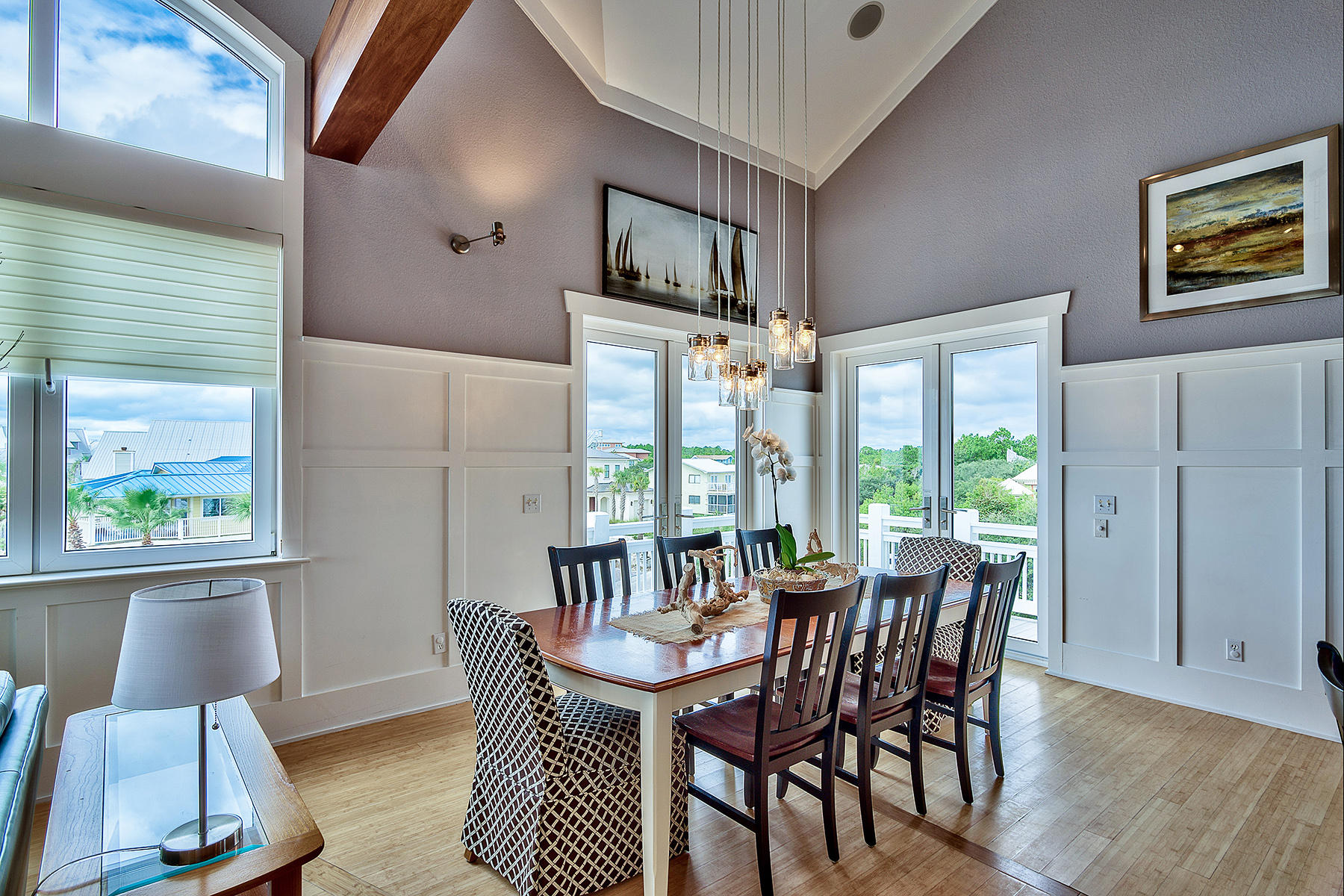 The outstanding construction quality and innovative design of Mimosa Mornings demonstrates why this premier property was awarded the 2009 APEX Builder industry Association Award for Best Design and Best New Construction. This exceptional one-of-a-kind beach home is spread over four levels with elevator access. It enjoys exceptional gulf views and community beach access within a stone's throw from its corner lot location. Features such as custom rondelle-shaped windows, ten-foot ceilings, ship-style bunk suite and table-height bar in the third floor gastro kitchen demonstrate why this home achieved such acclaim. Spacious rooms, stellar bathrooms and panoramic views are the norm throughout this beach vacation home, which is carefully designed to incorporate owner-locking closets and separate owner/guest garages. Outdoors, spacious screened porches overlook the 23-foot beach entry pool with shallow wading area and separate hot tub. Nautical features and panoramic gulf views from the prow-like fourth level balcony give the nod to the nearby beach while the blue and grey interior dÃ©cor, bamboo wood flooring and superior finish quality would not look out of place on any luxury super yacht.