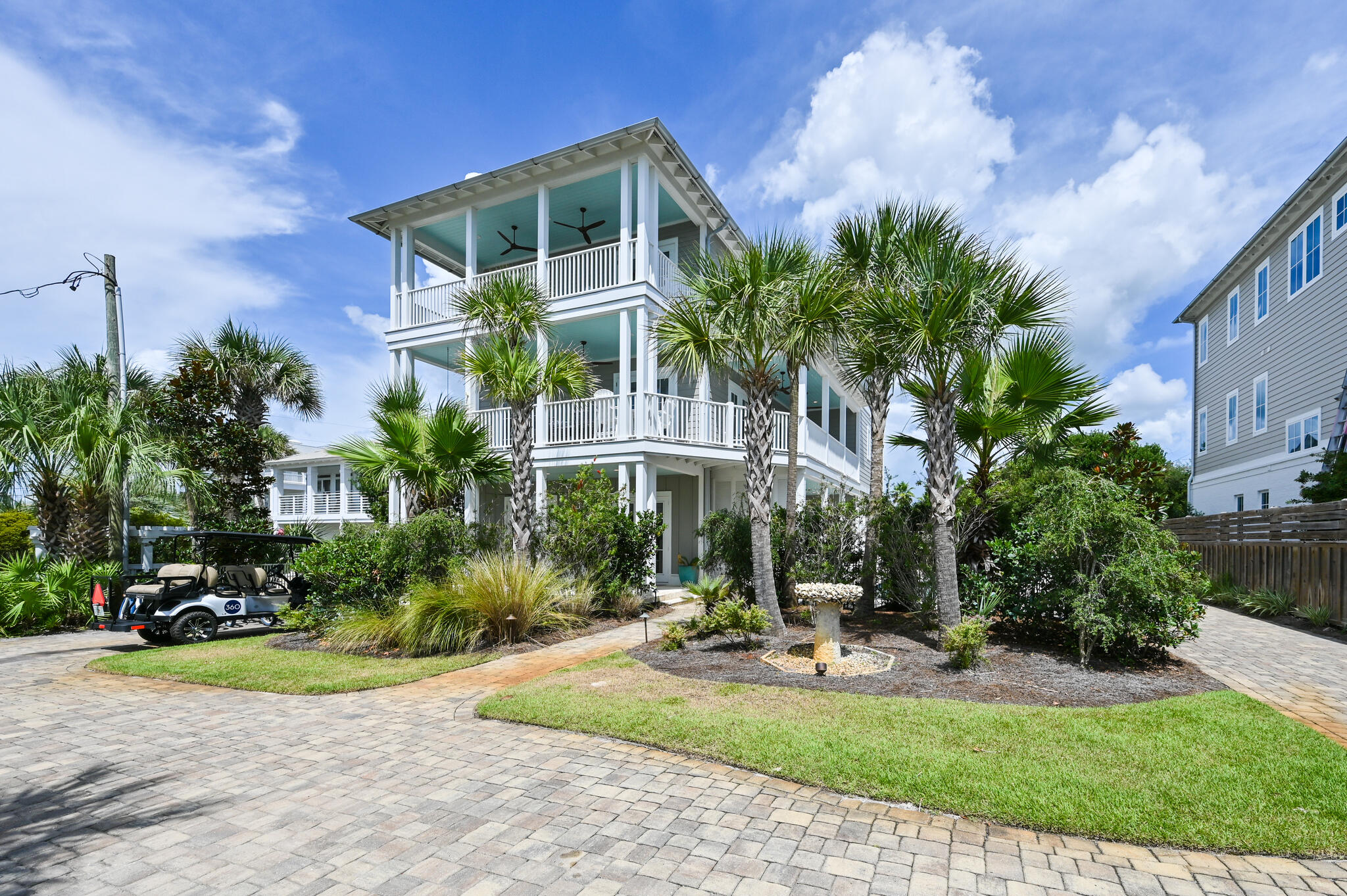 When location is all-important, this luxury beach house south of Scenic Highway 30A is hard to beat. Relax on the porch enjoying panoramic sunset views over the emerald Gulf of Mexico or head down to the beach just steps away and feel the soft sand between your toes. Previously rented as a beach retreat for up to 19 guests, this well-planned home boasts six spacious bedrooms, six-and-a-half baths and three living areas with ample room for everyone to find their own private space. A newly installed elevator whisks you effortlessly from floor to floor with spacious master en suites on all three levels. The first floor has a light-filled family room with ten-ft. pecky cypress ceilings, oak flooring and three sets of French windows opening onto the pool terrace. The main living room on the second floor has shiplap wall features and oak floors enhancing the light-filled open living space but it's the gulf views that steal the show. The dining area is a gathering place for card games and formal dining for eight with further seating at the breakfast. The adjoining gourmet kitchen is superbly equipped with floor-to-ceiling designer cabinets, pristine marble countertops and stainless steel appliances including an induction oven, ice maker and wine fridge. French doors open onto one of five balconies providing seamless outdoor living with stunning gulf views. Relax by the tranquil heated pool listening to the SONOS sound system and enjoy soft gulf breezes from the extended deck. The paved driveway has parking for seven vehicles as well as a climate-controlled garage. To crown it all, this desirable beach house is a short bicycle ride from upscale dining, shopping and entertainment at incredible communities including Seaside, Florida, and Grayton Beach.