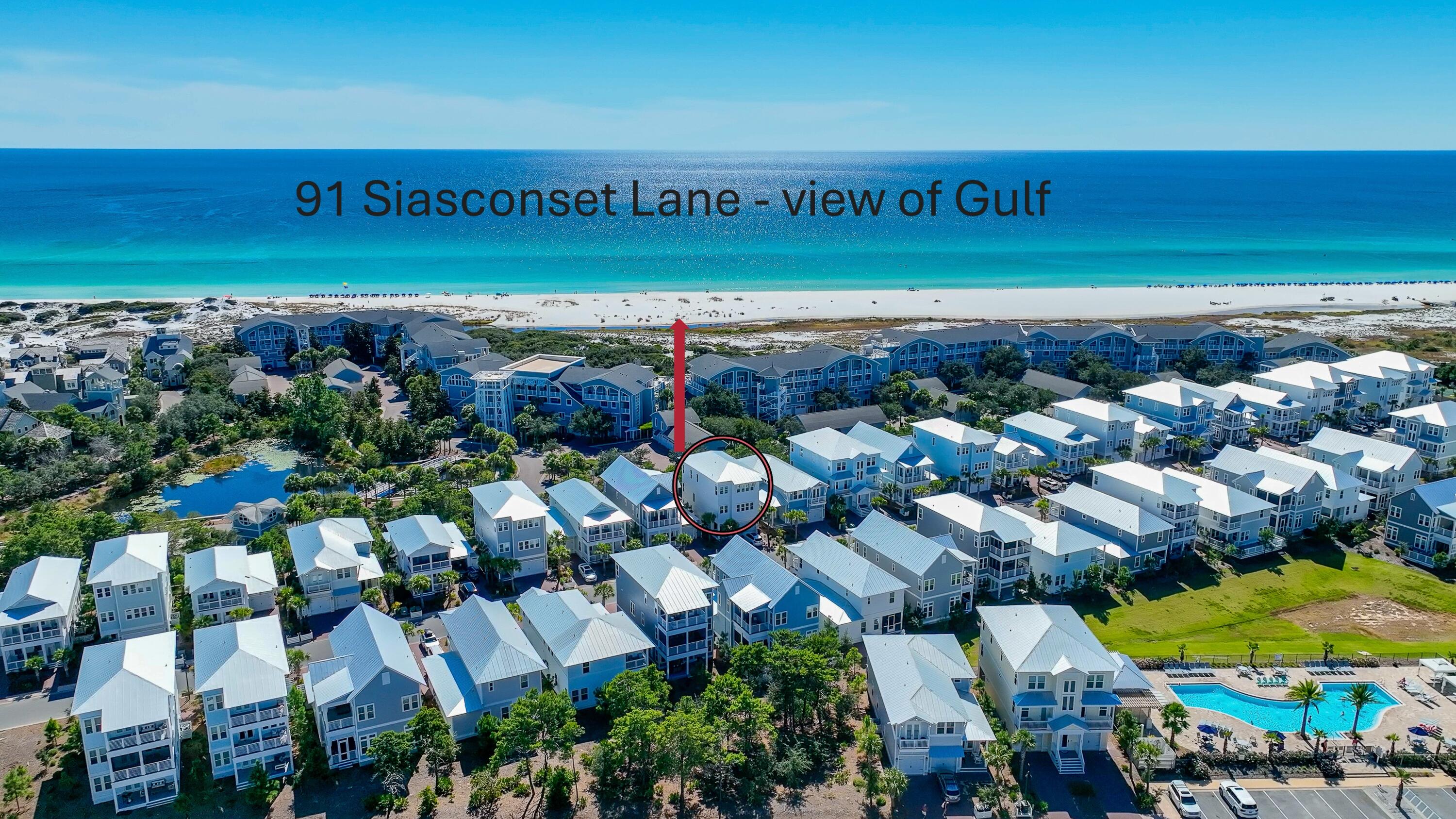 Welcome to 91 Siasconset Lane, a Gulf-view luxury home nestled in the highly desirable Prominence South neighborhood of Inlet Beach, Florida. Located just south of Scenic Highway 30A and within walking distance of The Big Chill, this fully furnished 4-bedroom, 3.5-bath retreat was built in 2021 and has never been rented—offering pristine condition and turn-key appeal.

Enjoy stunning Gulf views from the third-floor balcony. Inside, you'll find designer furnishings, 10' ceilings, 8' doors, artisan shiplap accents, and quartz countertops throughout. The chef's kitchen includes ample cabinetry, a walk-in pantry, and seamless flow into the open-concept living and dining areas. A private elevator connects all three floors for maximum accessibility. The spacious layout sleeps 14+, includes a custom-built bunk suite with four queen beds, a cozy lounge, and en-suite bath, ideal for guests or large family gatherings. The serene primary suite features a Gulf-facing porch, spa-like bath, and private seating area.

Located in a golf-cart-friendly community, this home offers access to two resort-style pools (one heated off-season), a fitness center, grilling areas, and proximity to Watersound Club (membership required). Public beach access is just ½ mile away. With projected rental income between $100K-$125K annually and low monthly ownership cost (~$2,600), this home presents an exceptional second home or income-generating opportunity.