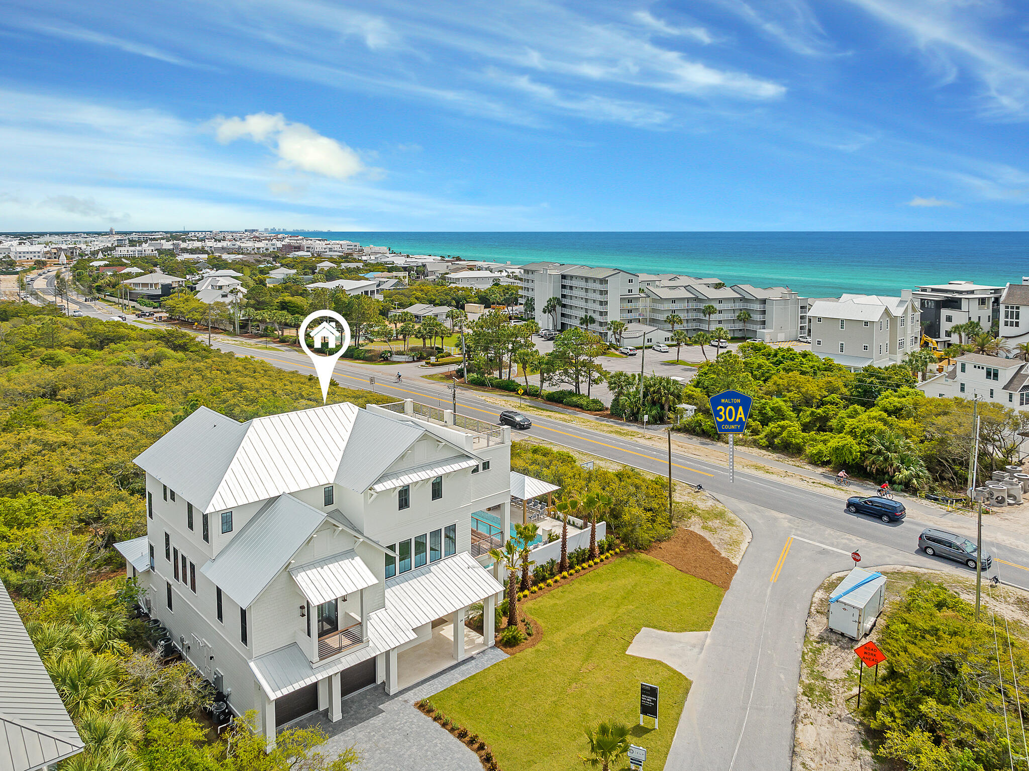 Newly built and beautifully curated, this coastal retreat is characterized by unparalleled gulf views with prominent positioning at the corner of Brenda Lane and 30A just a few tiers off the beach in the heart of East 30A adjacent to Kaiya, Alys Beach and Camp Creek. This new construction residence is situated on an oversized homesite which offers over 6,000 sqft of pristine living space spanning an impressive three-story vertical footprint allowing for sweeping unobstructed vistas from the top floor viewing deck. Please reach out to us today for the cost-to-own and rental projection figures for the property.