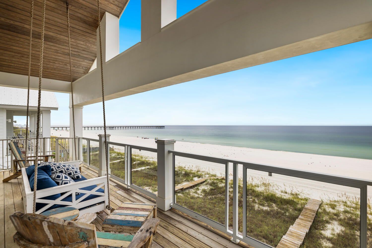 Back on the market no fault of the sellers.
TURNKEY RENTAL MACHINE!!
''Pier Park Paradise'', is a beachfront home located on the West end of Panama City Beach. Just a short walk to some of the best shopping, restaurants and attractions in Pier Park! Across from Dustys! This beachfront home featured with a private beachside pool, private boardwalk and stunning ocean views from every angle (including the balcony bed swings)!

Just inside from the pool deck on the first floor is a seating area with flat screen TV, pullout queen sofa bed, foosball table and full bathroom. It's perfect for hanging out inside while still having an open view of the pool and grilling area. The sliding glass door opens up to an 8x12 private pool and has surrounding lounge chairs, outdoor games plus an outdoor charc
