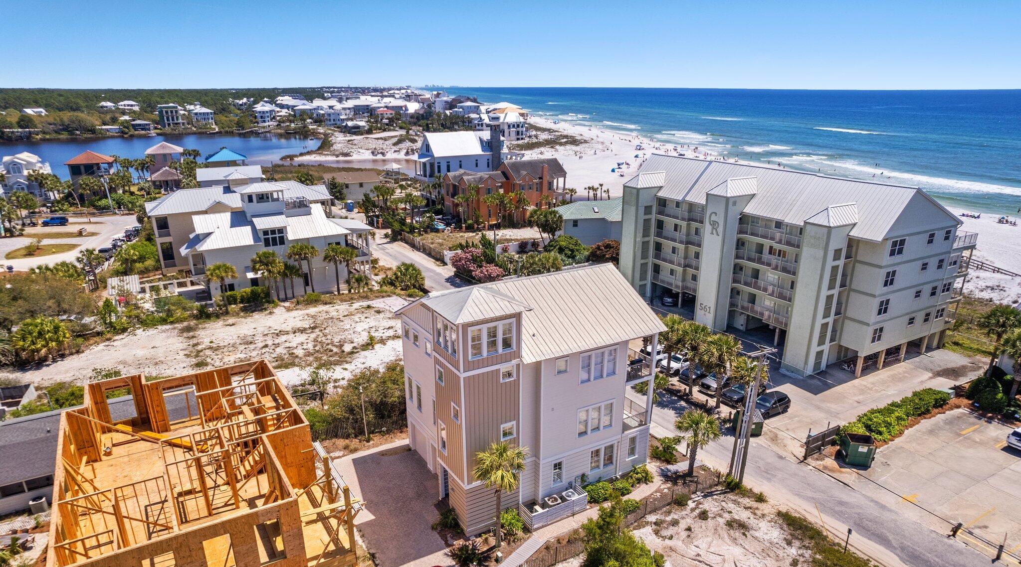 Prominently positioned one tier back from the Gulf of Mexico, 42 Camelot presents 6 bedrooms and 5.5 bathrooms. The home spans four floors with gulf views from several bedrooms and both living areas. The second and third floors feature expansive balconies, perfect for morning coffee or afternoon cocktails. Highlights include two luxurious master suites, two living rooms, elevator and an oversized 4 car garage. 
Enviably located south of 30A in Seagrove Beach, enjoy neighboring Eastern Lake and Seaside along with some of the best attractions and restaurants 30A has to offer.