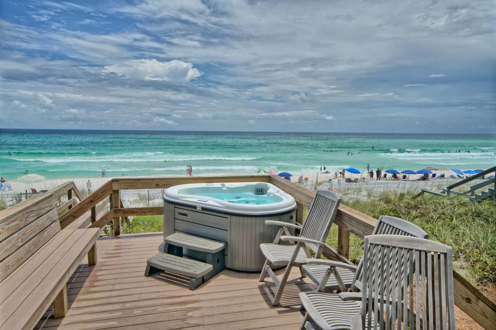 Under Contract with a 72 hour Kickout. Spectacular Views! Amazing Gulf-Front 4 Bedrooms, 4 Baths with a ground floor Bonus area. Hardwood floors throughout. Kitchen features include quartz countertops, Sub Zero refrigerator and Wolf cooktop and double ovens. Direct access to the private beach walk-over from the second floor balcony. Second floor features living, dining, kitchen, laundry room, guest bedroom and bath. Third floor features large Waterfront Master bedroom with waterfront bath and a gulf front covered balcony, 2 guest bedrooms and a guest bath.  On the ground level is the heated and cooled bonus area, full bath and 2 car garage.
Dimensions & Square footage is approximate and should be verified by buyer.