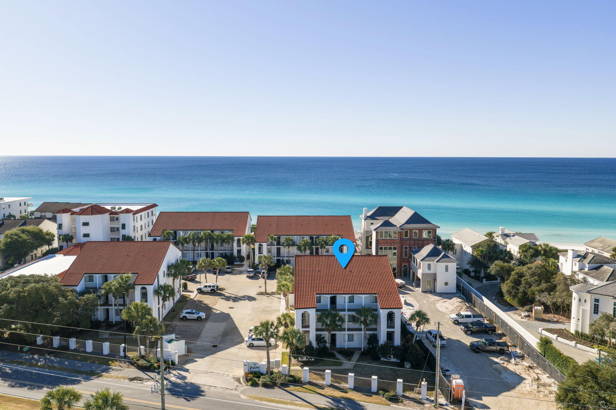 Welcome to The Palms at Seagrove, ideally situated in the heart of Seagrove along Scenic Highway 30A. Unit B3 is a rare ground-floor residence offering effortless living with no stairs and convenient access from both the front and rear entrances. Perfectly positioned just off the pool and only steps from the sugar-white sand and emerald waters of the Gulf. This spacious one-bedroom floor plan is thoughtfully designed, with the primary suite privately separated from the kitchen, dining, and living areas. The primary bedroom features an en-suite bath, providing comfort and functionality. The hallway includes alcove bunk beds adjacent to a second full bath, maximizing sleeping accommodations. The generously sized living area also offers a pull-out sofa, allowing for additional guests.