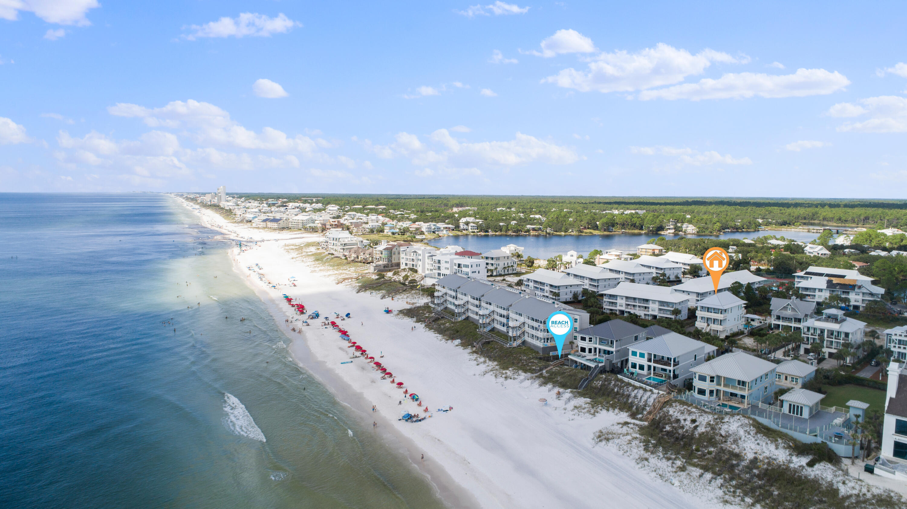 Spectacular 9 bedroom, 9 bath beach home with strong rental history and 2022 projections showing upwards of $565k in gross rental potential!!  Sitting on an oversized .67 acre lot just one tier back from the Gulf of Mexico, you will enjoy convenient, deeded beach access directly in front of the house and amazing gulf views from both the 2nd and 3rd floors.  This coastal oasis features 5,346 sq ft of heated and cooled space, a hot tub, large heated salt water pool with a swim up bar, and its own full size beach volleyball court!  Ideally positioned in highly sought after Seagrove Beach on the East Side of Scenic 30a, and thoughtfully designed with form and function in mind, this amazing home has everything you need for your perfect family beach getaway!  Features include white oak hardwood flooring throughout, quartz countertops, unique and impressive backsplashes and tile work in the multiple common areas and bathrooms.  Storm rated windows and doors, 4 AC units, 3 tankless hot water heaters, and 3 sets of Washers/Dryers.  10' ceilings on the first floor, nearly 12' ceilings on the 2nd floor, and 11' ceilings on the third.  Walk Over Dunes is an exclusive and low density 5 home community.

The first floor welcomes you with a large secondary living area/media room that features a ping pong table, pinball games and 2 bunk rooms that allow for sleeping of 18 guests.  Locker room style bathrooms compliment the bunk rooms with two beautifully tiled walk in showers and triple sink vanities with quartz countertops in each bathroom.  The first floor is complete with a laundry room and a private elevator that offers easy access to all 3 floors of the main home.  This fun and functional space leads directly out to the expansive outdoor space, as well as the beautiful 2nd floor, which boasts an open concept living area, gourmet kitchen, wet bar and expansive covered porches with serene gulf views.  

The professional chef's kitchen features high end appliances such as a 30" Subzero fridge and a 30" Subzero freezer, 48" Wolf gas range, 2 dishwashers, a built in microwave, along with a beverage cooler and ice maker located in the nearby wet bar.  Quartz countertops and stunning backsplash tile work compliment nicely, with ample dining space for the entire family! The massive covered 2nd floor porches add additional indoor/outdoor entertaining options and is also a great space to just wind down with the sound of waves and peaceful gulf views!  The living room offers generous space for family and friends to congregate, and the nearly 12' high pecky cypress ceilings add the finishing touch to provide a warm and welcome gathering spot!  Two spacious bedrooms are positioned off the living area and feature en suite baths and direct access to another large covered porch overlooking the impressive back yard and expansive pool.

The spacious third floor landing serves as yet another cozy living space for guests to enjoy.  Two bedrooms off the rear of this floor have their own on en suite baths and yet another large private and covered porch overlooking the pool and carriage house behind.  Two more bedrooms are positioned on the gulf side of the house and feature their own en suite baths and share a spacious covered porch overlooking the beautiful emerald waters! 

The carriage home features a well appointed living area, a fully functional kitchen and an its own bedroom and bath.  The laundry room completes the space, and the 2 car garage below includes more gaming options for the entire family.  The oversized driveway can accommodate multiple cars for larger groups.

The expansive outdoor space is truly spectacular and the crown jewel of this magnificent beach sanctuary! The oversized pool includes a large sun deck for tanning, 8x8 spa, a summer kitchen and even a swim up bar with large TV to watch your favorite sporting events or enjoy a movie night with the family at the pool!  A full sized private sand volleyball court is located just behind the pool and carriage home, and offers even more fun in the sun for the whole family!