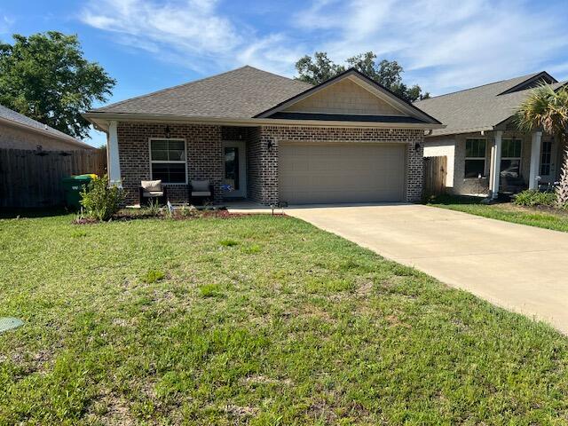Ready for move in 1 Aug 2026 8 Minutes from front gate of Eglin AFB and less than 20 min to beaches. This 4/3 custom brick home has super curb appeal. There are 10 Ft. Ceilings w/ impressive crown molding, has LVP flooring throughout most of the home except for the wet areas which are tiled. The gourmet kitchen boasts white cabinetry, granite countertops, a breakfast bar and stainless appliances. Bedrooms 1 and 2 are located near the front entry. The master suite is located at the rear of the home and has a double vanity, 2 walk -in closets, and a combo tub and shower with a glass enclosure. The oversized great room is located at the front of the kitchen and opens to a covered patio. Yard is fully sodded and fenced and comes complete with a well and sprinkler system.