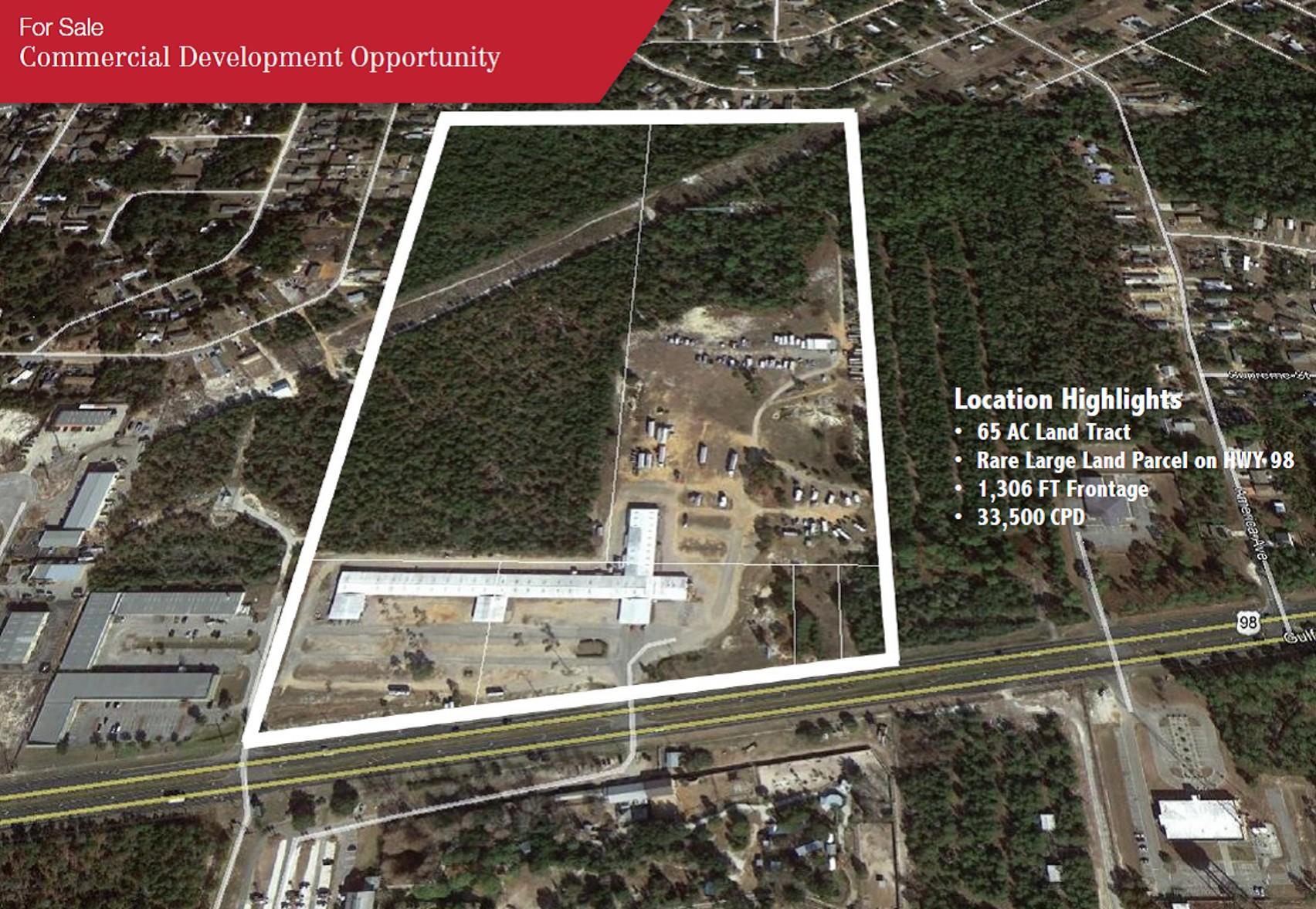 65 AC Bulk Commercial Development Property on HWY 98 in Gulf Breeze FL. Property currently serves as the Gulf Breeze Flea Market. It has great visibility, two decel lanes and a median cut in place. Six parcels assimilated to create a 65 AC tract with 1,306 FT of Frontage on HWY 98 and a depth of 2,307 FT. PID 20 2S 27 0000 02202 0000 4.411 AC PID 20 2S 27 0000 02203 0000 5.9559 AC PID 20 2S 27 0000 02100 0000 26.9 AC PID 20 2S 27 0000 02101 0000 27.37 AC PID 20 2S 27 0000 02204 0000 0.68 AC PID 20 2S 27 0000 02205 0000 0.68 AC
