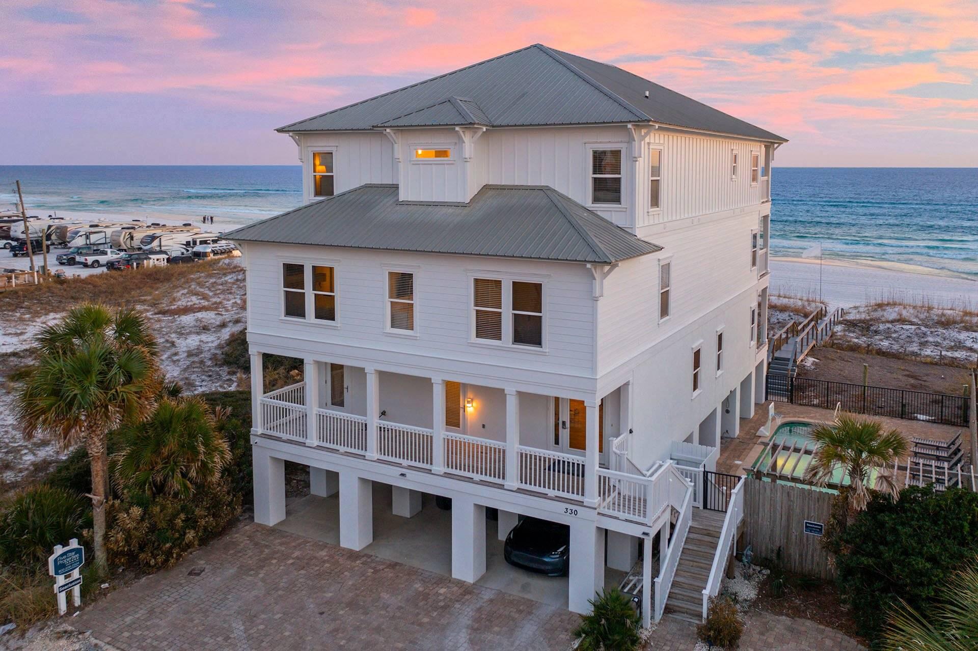 Welcome to Seaclusion—an exceptional Gulf-front estate tucked within the exclusive, low-density community of Tang-O-Mar in Miramar Beach. Recently updated with a freshly painted exterior (December 2024), this 5,700 sq ft beachfront retreat blends timeless coastal design with high-performing rental asset. Featuring 9 bedrooms, a private heated pool and hot tub, multiple Gulf-facing balconies, a covered patio with games, and two full kitchens for added flexibility, Seaclusion is designed for unforgettable gatherings and easy owner stays. The home comfortably sleeps up to 22 guests and generates $340K-$415K in gross annual rental income (with plenty of owner stays). Unlike many areas along 30A, Seaclusion enjoys a uniquely peaceful stretch of sandwith no nearby public beach access, the private shoreline here remains quiet and uncrowded year-round, regardless of ongoing beach access debates in Walton County. Whether you're seeking a high-yield vacation rental, a multigenerational family getaway, or a luxury lifestyle investment, Seaclusion delivers it allright on the Gulf. Seller's current mortgage may be assumable at a 3.875% interest rate, presenting a rare opportunity for qualified buyers to significantly reduce financing costs.