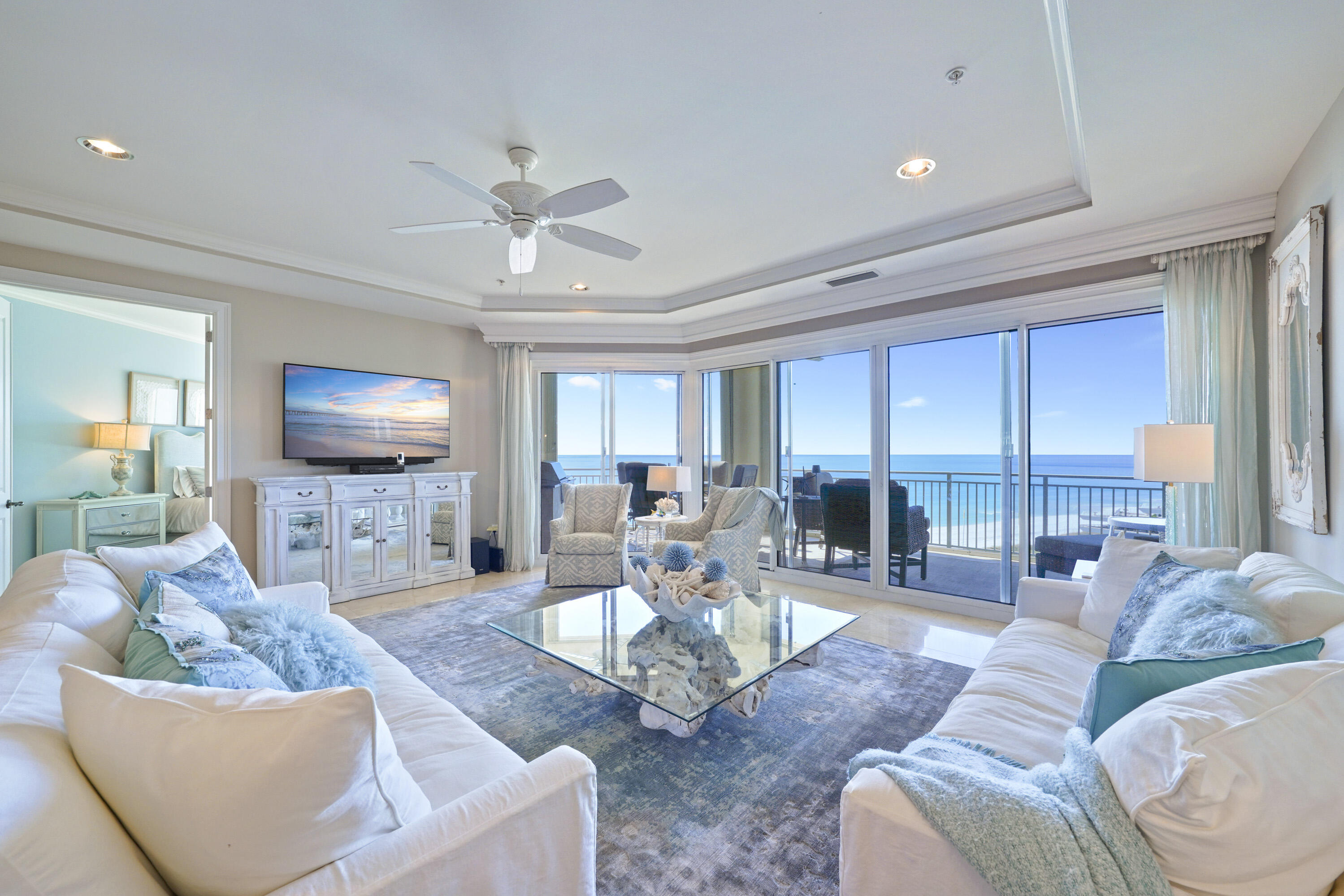Welcome to an exceptional 6th floor Villa at Grand Dunes South Tower, offering the elevated perspective of a 7th floor and stunning, unobstructed Gulf views. This luxurious 3 bedroom, 3 bath Villa spans approximately 2,500 square feet and showcases panoramic views of South Walton's iconic sugar white sands and emerald waters. Notably, this Villa offers the largest floor plan available among the three bedroom residences.
 A semi-private elevator opens to your own inviting entryway, setting the tone for the elegance found throughout. Offered fully furnished and move-in ready, the residence features timeless Travertine flooring, Light Fantasy Brown granite countertops and bar, soft-close cabinetry in both the kitchen and baths, and an impressive suite of premium stainless steel appliances. The kitchen is thoughtfully designed with a five-burner natural gas cooktop, GE Profile double oven, microwave and dishwasher, a KitchenAid ice maker, and a striking farmhouse style apron front sink.

The open living area is bathed in natural light from expansive floor-to-ceiling windows that frame breathtaking Gulf views. Soaring 9.5 foot ceilings, recessed lighting, and solid wood doors enhance the sense of space and quality throughout the home. The Primary Suite is a peaceful retreat, offering Gulf views, tray and coffered ceilings, Travertine flooring, refined furnishings, and generous walk-in closets. The spa-inspired Primary Bath features dual vanities with custom granite countertops, beautifully crafted cabinetry, a jetted soaking tub beneath a chandelier, a dual-head shower, and a private water closet.

Additional highlights include a well-appointed laundry room with washer and dryer, a separate storage room with shelving, and a recently replaced HVAC system (2024) for added peace of mind.

Outdoor living is elevated on the expansive Gulf front balcony, measuring approximately 350 square feet with an impressive 11 foot depth. This inviting space includes a built-in natural gas grill, stylish outdoor furnishings, and hurricane shutters ideal for enjoying coastal sunsets and ocean breezes year round.

Grand Dunes boasts exceptional amenities: ultra-quiet interiors, semi-private elevators, 24-hour security, gated entry, lush landscaping, two levels of gated underground parking, a private heated pool, an Owner's Lounge with Fitness Room, guest suites, 200' of deeded beach, a Gulf-front lagoon-style pool with a sparkling waterfall, and premium beach service.

Grand Dunes is the "Emerald Coast's Most Desired Rental Restricted Beachfront Development"

Call us today to set up your private viewing of this beautiful Villa today!