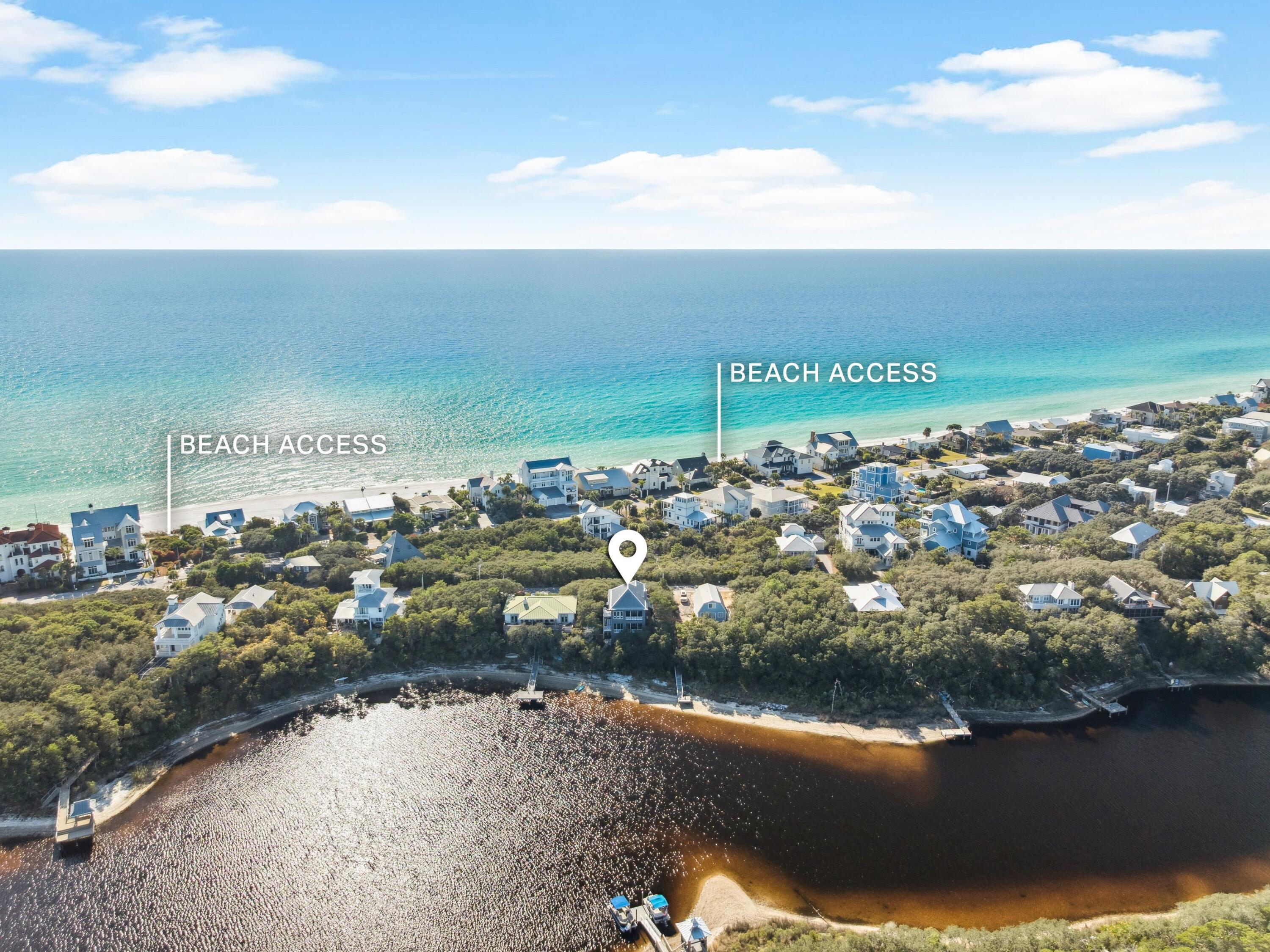 Ideally positioned on the pristine coastal dune lake of Big Redfish Lake and just seven homesites from one of the deeded beach accesses, the property is surrounded by multimillion-dollar residences in one of 30A's most coveted neighborhoods. with an almost 1/2 MILE OF DEEDED BEACH ACCESS & USE!! This exceptional property is one of the most unique in the area, thanks to its neighborhood Indenture, which grants all owners access to the entire beach--regardless of whether it's private, public, or owner-managed. Nestled in the heart of historic Old Blue Mountain Beach, this meticulously maintained ICF-constructed home offers a rare combination of privacy, durability, and coastal elegance. The community of Old Blue Mountain has no HOA fees & offers three deeded pedestrian beach accesses and one public.  The home showcases quartzite flooring throughout, beautiful coastal décor, and is offered furnished, making it truly move-in ready. Designed for both comfort and longevity, this exceptional residence presents an outstanding opportunity to own in a timeless coastal setting where lake, beach, and community converge. With lots of outdoor living space on a coastal dune lake and 200 strides to the beach, the home was designed by Peter Lehman and built by Coastal Design/Build. Also, it was recently painted with elastomeric loxon paint and a new HVAC installed in Sept. 2025. The metal roof of 11 yrs had new fasteners installed in June 2025 by Specialty Roofers. The kitchen boasts a gas range including a gas stub for a grill outside the kitchen, and a tankless HWH. Stroll to Blue Mountain Creamery, RedFish Taco, For the Health of It, Blue Mountain Bakery, Cowgirl Kitchen, McTighes Pub, Big Daddy Bike Shop, and various other shops. Also, conveniently located to the 30A Bike Path and the trails of the Point Washington State Forest! Paddle out your backdoor to the Gulf of America/Mexico!