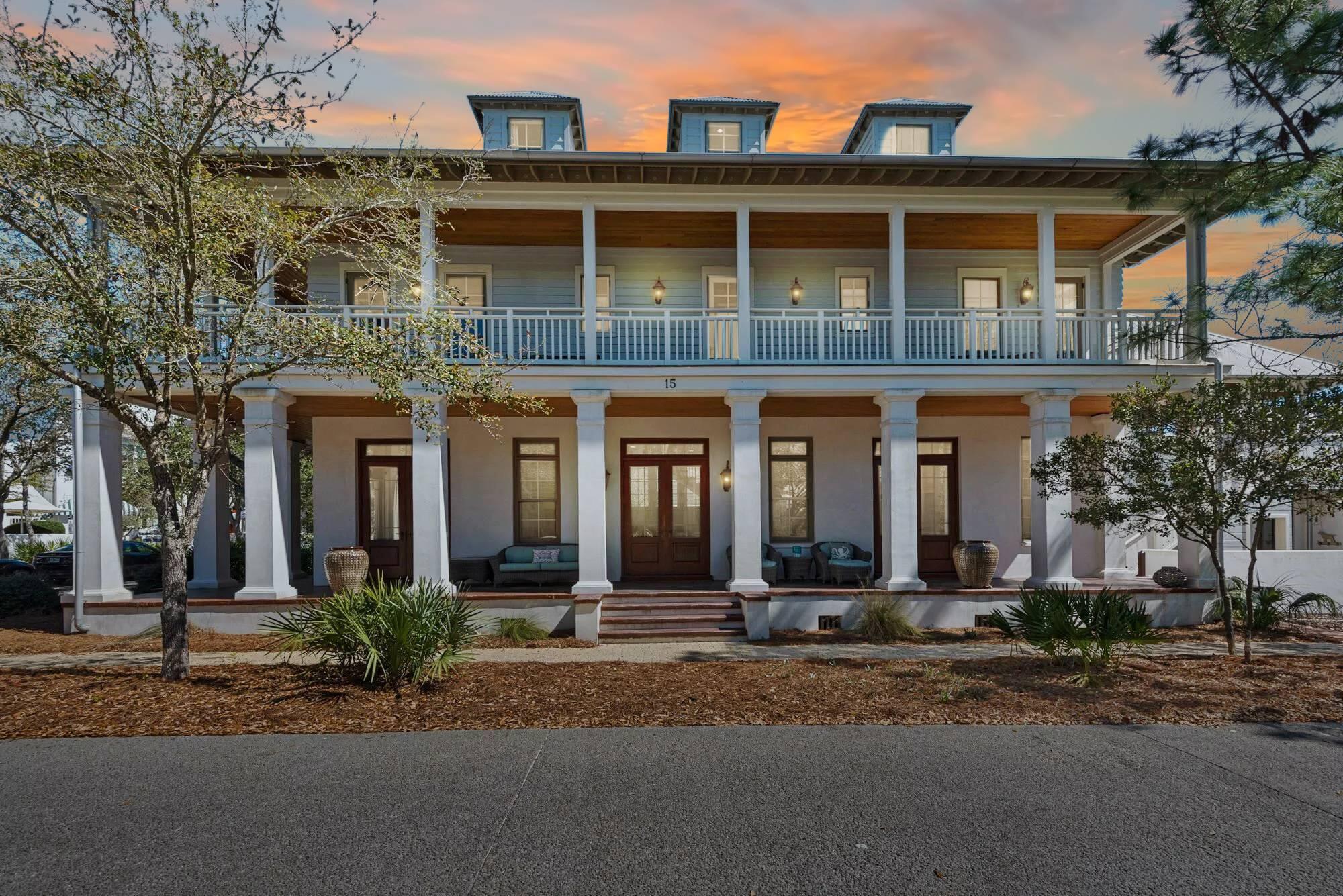 An iconic Rosemary Beach home!!! Ideally located just north of town center and across from the Cabana Pool.  This New Orleans inspired 5BR/4BA home features wrap around porches and windows positioned to allow for abundant light.. The large open floor plan with high ceilings and abundant light is perfect for family gatherings and socializing. A well-designed kitchen and outdoor grill are perfect for enjoying meals both at the dining table and the outdoor courtyard. The second level showcases the primary suite with a walk in closet and two additional bedrooms. The second floor porch is the perfect place to relax. The top floor has two additional bedrooms with extra sleeping nooks. Above the two car garage is an open air pavilion with a wet bar for entertaining. A very short walk to Amavida for coffee in the morning, enjoy the white sandy beaches and emerald green waters in the afternoon and dine in one of Rosemary's fantastic restaurants for dinner, all without the need for car keys. Truly an amazing location! Enjoy all that Rosemary Beach has to offer. Live the 30A Lifestyle!