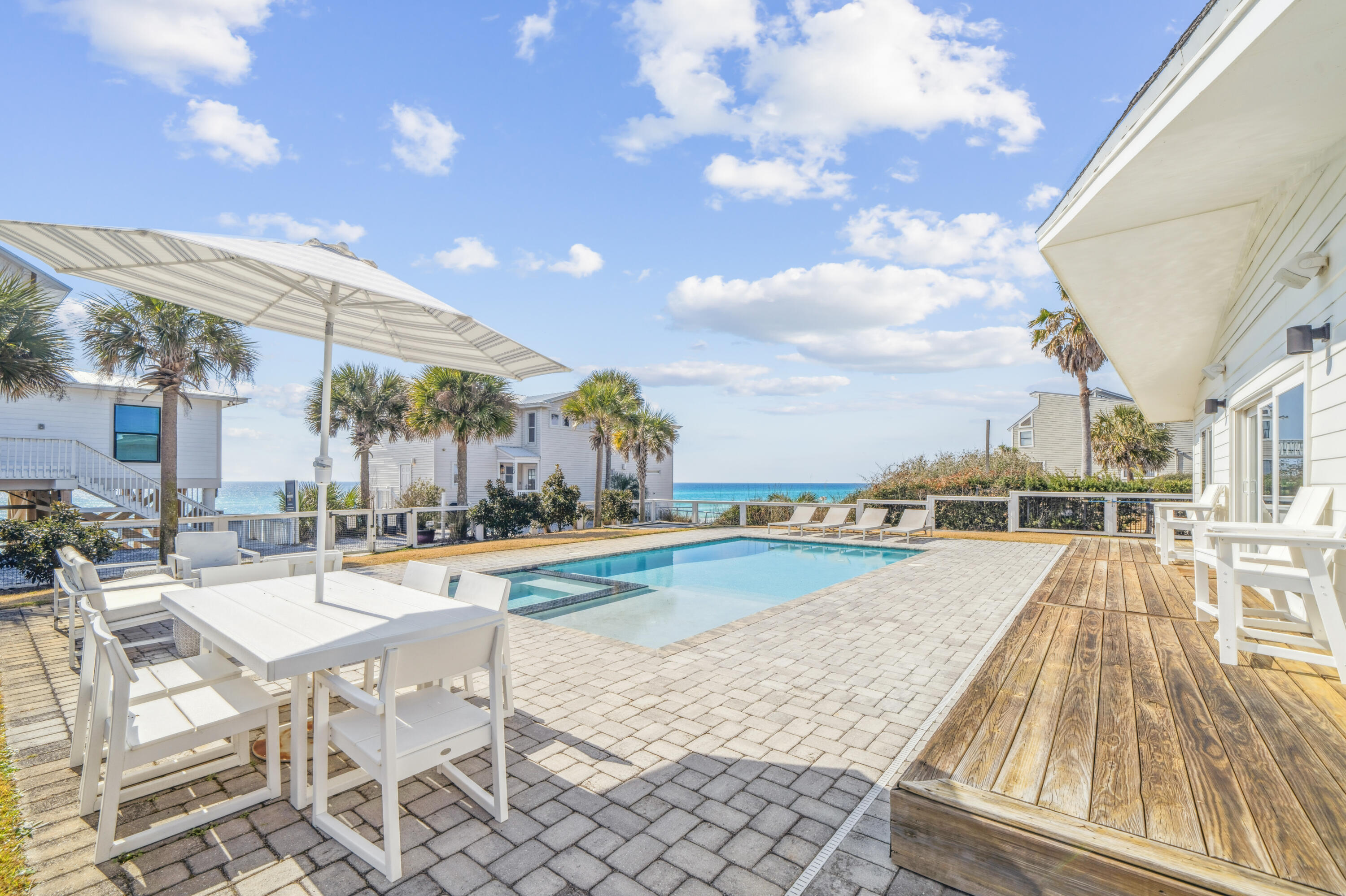 Welcome to Barefoot Bungalow, an exceptional coastal estate offering 30 feet of private, deeded beachfront along the most sought-after stretch of Scenic Highway 30A. This rare Gulf-front property blends elevated design, refined comfort, and the effortless elegance of beachfront living. Every detail of this residence has been curated for the discerning buyer—from the bespoke lighting fixtures to the coastal-chic interiors that exude warmth and sophistication. The recently reimagined kitchen and dining space features premium appliances and designer finishes, perfect for hosting intimate gatherings or elegant beachfront dinners. The primary suite is a serene escape, featuring a spa-like bathroom with a freestanding soaking tub and an expansive walk-in shower, crafted with.... luxurious materials and timeless design. The main living area frames breathtaking Gulf views and transitions seamlessly to an oversized deck and private outdoor oasiscomplete with a heated pool, spa, and lush landscaping designed for privacy and tranquility. With panoramic, unobstructed sunset vistas and direct access to sugar-white sands, Barefoot Bungalow offers an exclusive coastal lifestylewhether as a sophisticated primary residence, a legacy family retreat, or a high-value addition to your real estate portfolio. Opportunities of this caliber on 30A are exceedingly rare. Schedule your private tour today.