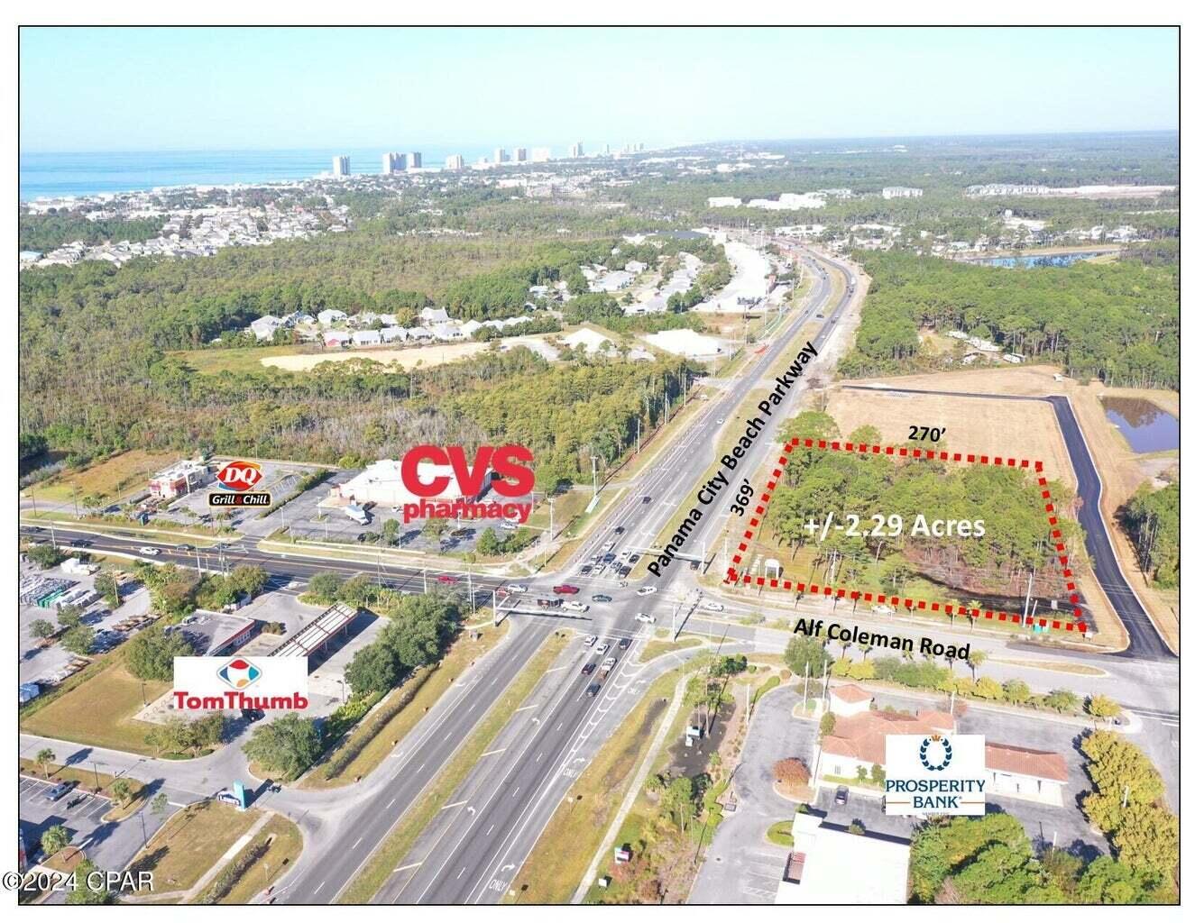 Back on the market. The buyer's tenant backed out of the lease two days prior to closing, as the tenant prefers to purchase. The best corner location available in Panama City Beach and Bay County. Located at the northwest corner of Panama City Beach Parkway and Alf Coleman Road. Signalized intersection. New access road to new retailers to the west that include Panera Bread, McDonald's, Take 5, and All-In Credit Union. The +/-2.116 Acre site measures approximately 369 feet of frontage by 270 feet deep. The site measurements will be confirmed upon receipt of the survey. The average daily traffic count is 52,000. Zoned Commercial High Intensity (CH) within the City limits of Panama City Beach. There is a tremendous amount of interest in the property already. Woodlawn Church will retain a  sign easement on the property for the existing Woodlawn Church sign. New ALTA survey attached.