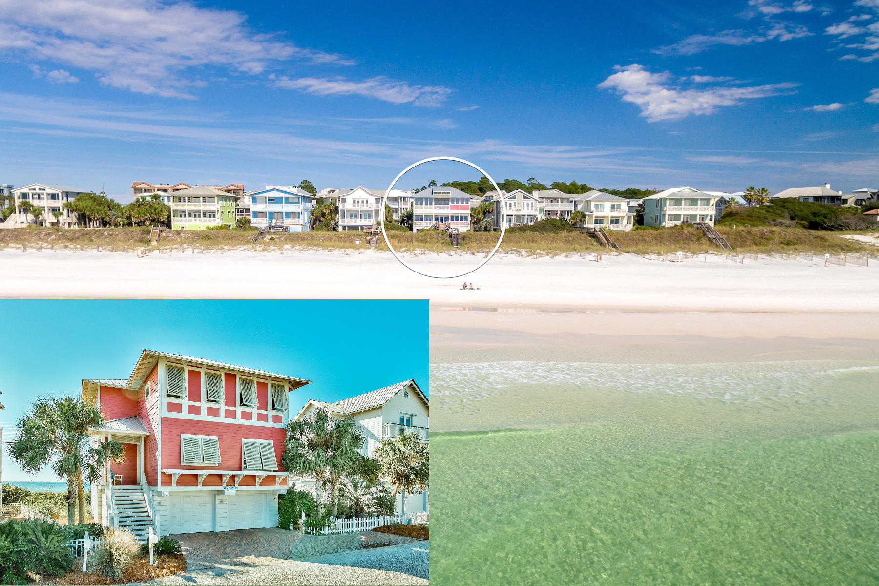 Beautiful Gulf front home with private beach walk-over in the gated Sunrise Beach subdivision. Brilliantly designed by Matthew C. Savoie, PA Architect ''Rendezvous'' focuses on the 60 Gulf front feet with casual elegance. The warm and welcoming great room is light and bright with maple flooring, vaulted ceilings, a gas fireplace and a wall of windows framing the Gulf of Mexico. Reclaimed from longleaf pines found in Florida's Apalachicola River basin, the curly pine dining table seats 8+, with additional kitchen island seating. New stainless-steel KitchenAid appliances include a double oven, dutch refrigerator, and dishwasher; white cabinets, granite countertops and island and single basin granite composite sink complete the kitchen. A guest bedroom, full bath and large laundry room complete the main level.  The top floor wood plank vaulted ceilings and Gulf views create a relaxing ambiance in the large master suite, complete with a private balcony.  Two guest bedrooms with an updated jack n jill bath round out the top floor.  Stained concrete floors add a touch of character in the garage, beach gear storage, and heated & cooled storage space. A full bath is on the ground level.   The storage space could be an awesome media or game room for rental guests, but the current owners use this as "off season" clothing storage. With the lower level full bath the storage area could possibly be converted to a bunkroom or bedroom. This home was built to exceed Walton County building codes at the time with 2 x 6 framing, Anderson high impact double doors and windows, easy to maintain hardie board siding, and composite decking.  In 2006 a Geotube Shoreline Protection System was installed and private dune walkover built.  In 2011 a standing seam metal roof was installed, and the A/C units have been replaced in the past 2 years.  Located along the western end of 30A just east of Gulf Place, close to restaurants, shopping and golf!  This Gulf front home is offered furnished with a list of personal exclusions.  Buyers should verify all information important to them. Call today for a private viewing!