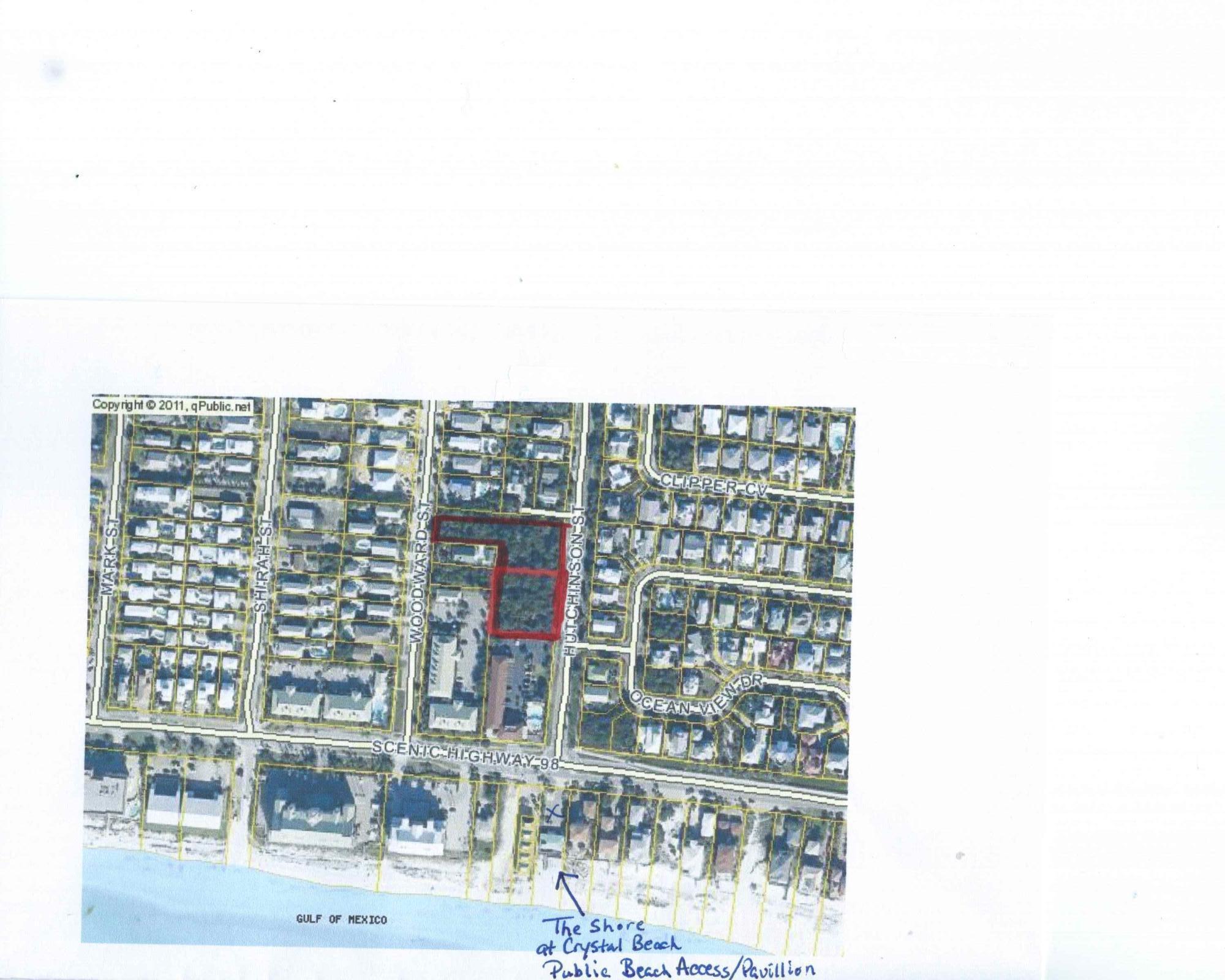 Developers here is probably the last Crystal Beach parcel with commercial possibilities as it in the Crystal Beach Land Use (CBN) Zoning district and Business Tourism (BT). Especially this close to the Beach! See attached documents.
There would be a beach view if built several stories high due to the New Shores of Crystal Beach Public Beach access/walkover & Pavillion which is about 200 feet from the south lot line. Located on the Mid Bay Bridge Road, the main entrance into Destin which turns into Hutchinson St. as you head to the beach and a quarter mile to an abundance of shopping and restaurants such as at Destin Commons.
Property to be sold as one sale and will not be split up.