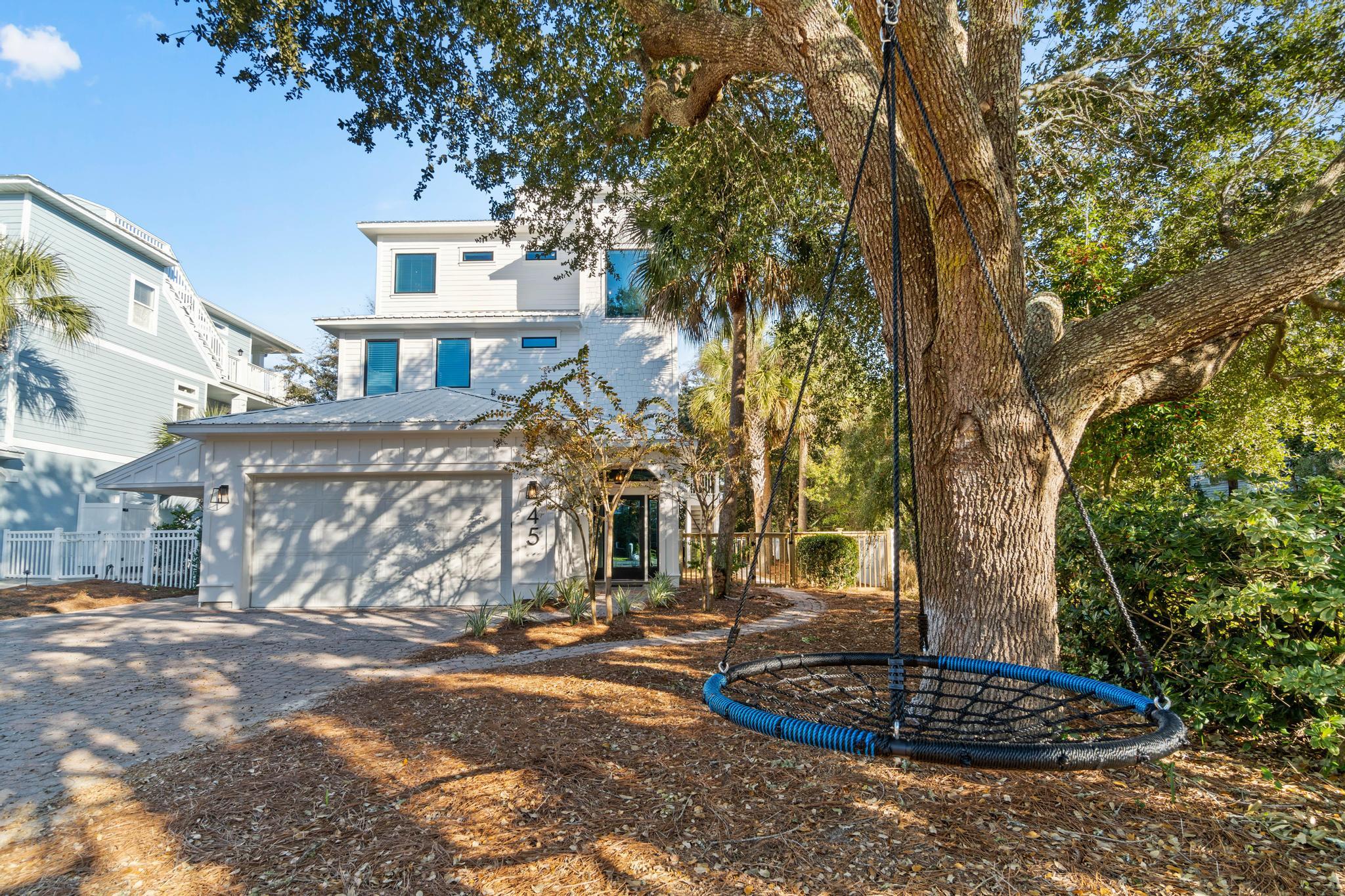 This 4 bedroom, 4 bath home sleeps 12 and is only a few steps away from the white sandy beaches of 30A. Located in a quiet gated community south of 30A, which features just 10 homes, so you can enjoy privacy while still being steps away from the Growler Garage, Shunk Gulley, Shunk Gulley Liquor, The Perfect Pig and much more! When you're not on the beach or enjoying Gulf Place, relax and refresh in the private pool. Access your private fourth floor balcony with breath taking views of the gulf from the master suite. The first floor has a Bedroom with Built in Bunks (Twin over Twin) and two bedrooms with a queen bed. The first queen guest room has an en suite bathroom, the second shares a full bath that is accessed from the hallway. On the second floor you will find an open living space including the kitchen, living and dining areas, a full bathroom and a Queen Bunk Room. The third floor is the master suite with ensuite and private balcony leading up to a private viewing deck. There is also a laundry room on the third floor as well as a laundry section in the garage.This home underwent a complete renovation in 2021.