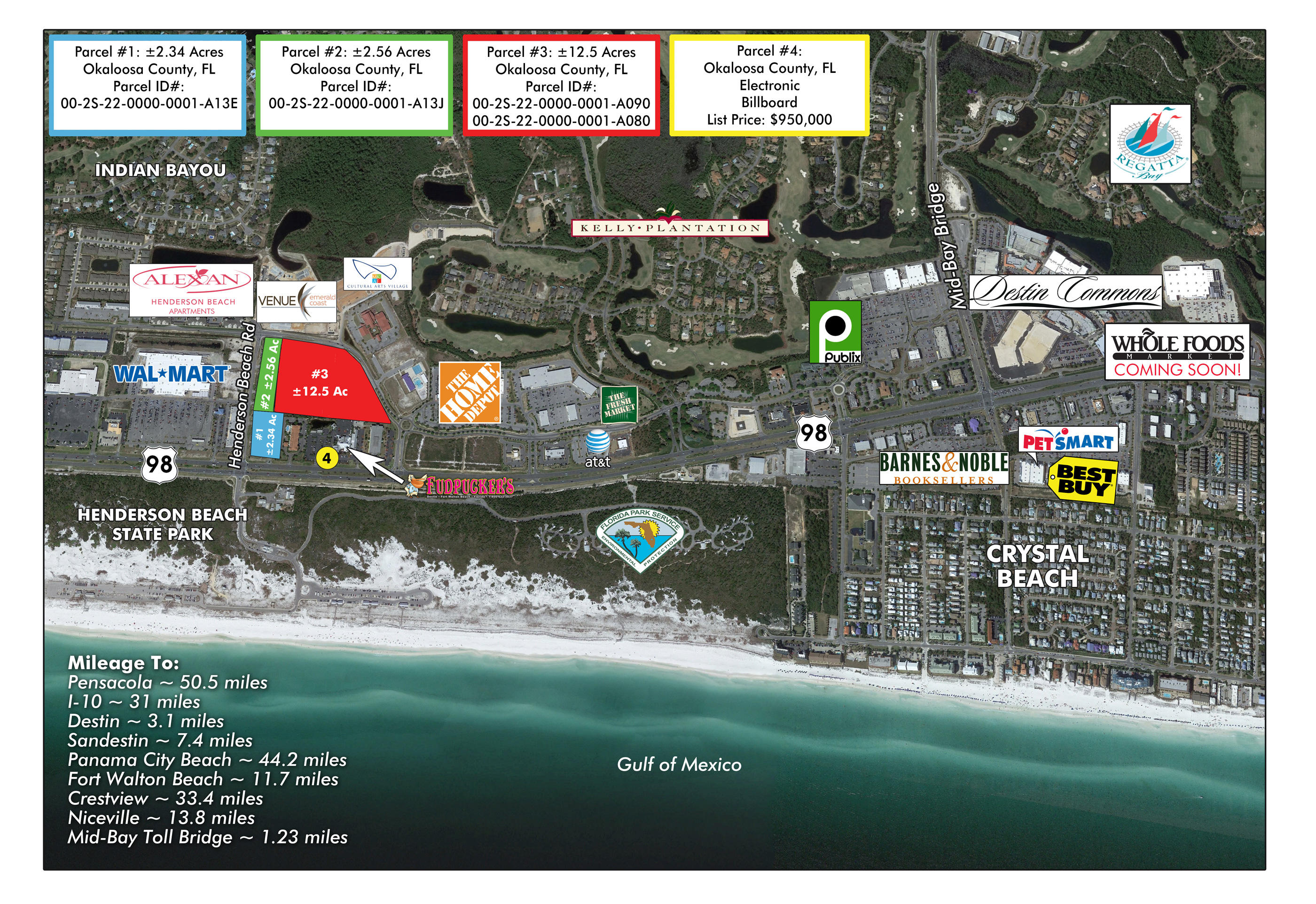A highly coveted and prime +/-17.35 acre assemblage of (4) contiguous parcels located in the heart of Destin, Florida! Parcel 1 is located in Okaloosa County and enjoys a high profile signalized intersection yielding 260' on Hwy. 98, measuring +/-2.34 acres, and containing an existing 20,000+ sf vacant bank building w/drive-through. Contiguous Parcels 2 and 3, located in the City of Destin, measure +/-15 acres and offer high density zoning known as Gulf Resort Mixed Use. The entitlements of this assemblage, which is likely the last of its kind in Destin based on scale, are of major significance and extreme value... Walmart is located to the West, two apartment communities to the North, and Home Depot and Publix to the East; directly to the South, Destin's crown jewel, Henderson Beach State Park.  This assemblage will allow for mixed uses including multifamily, retail, office, hospitality, and special purpose. Significant civil engineering work has been completed.  Please inquire for further details.  Buyer must verify all data and specifications.   The sales contracts and closings of each respective parcel shall be contingent upon the simultaneous closings of all related parcels.