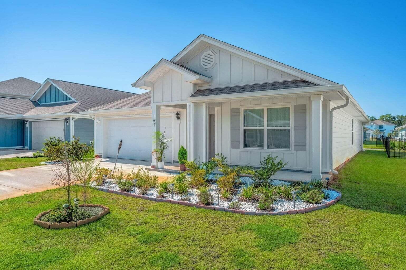 Welcome to this beautifully maintained 4 bedroom, 2 bathroom home located in the highly sought-after Riverwalk community of Freeport. Designed with a comfortable split floor plan, this home features an open and airy living area - perfect for everyday living, family gatherings, and entertaining. The kitchen offers modern appliances, generous counter space, and seamless flow into the main living area.The primary suite provides a private retreat with an en-suite bath and a walk-in closet, while the additional bedrooms offer flexibility for guests, home office space, or family needs. Enjoy the convenience of an attached garage and relax outdoors on the covered patio overlooking the backyard;ideal for morning coffee or evening unwinding. Riverwalk is a welcoming neighborhood with sidewalks and community amenities, all while being conveniently located near schools, shopping, and the stunning beaches of South Walton. This home offers the perfect balance of comfort, location, and lifestyle; don't miss your opportunity to make it yours. All measurements are approximate; verify if important.