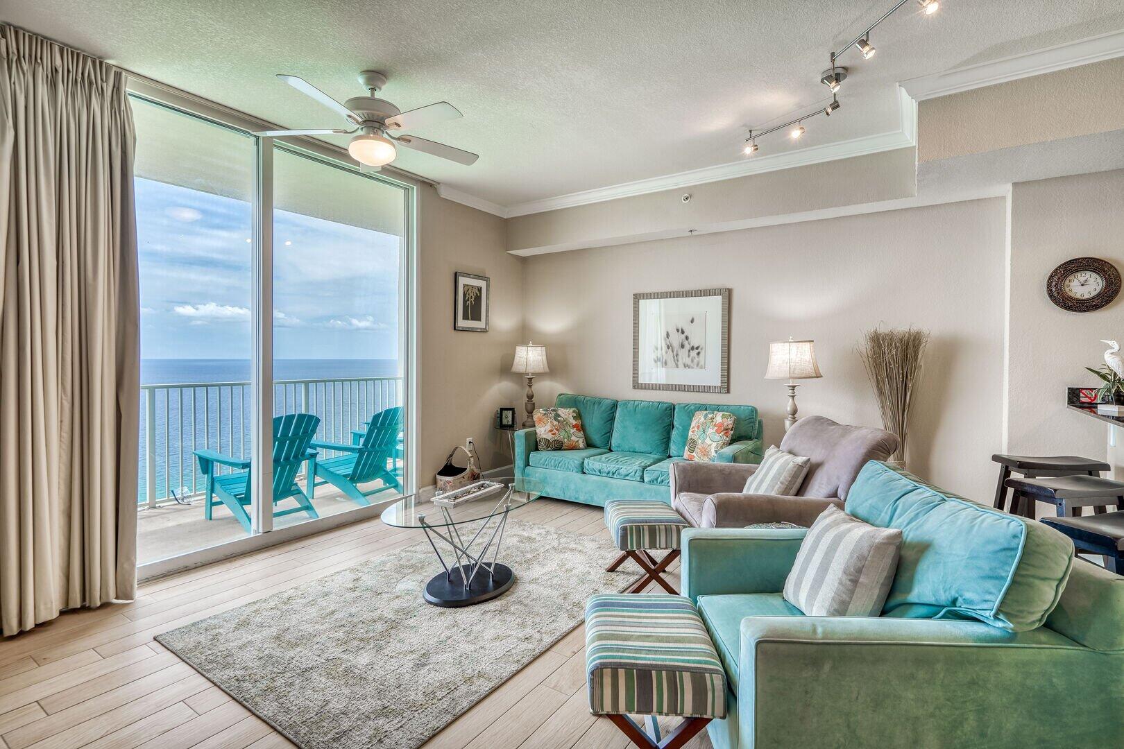 2703 Tidewater is a PENTHOUSE level 1 Bedroom 2 full bath with bunks that comfortably sleeps six.  This unit boasts 9.5 ft ceilings and approximately 934 sqft, which gives it a very spacious feel.  With upgraded flooring, white subway backsplash, granite counter tops, and stainless appliances, its easy to see why it is a high level rental income performer.  Ask your agent for the rental history. Tidewater offers the best array of amenities on Panama City Beach such as gulf front gym with great views, 4 hot tubs, 2 outdoor pools, 1 indoor heated pool, game room, saunas, steam rooms, a restaurant, poolside Tiki bar, and  movie theater.