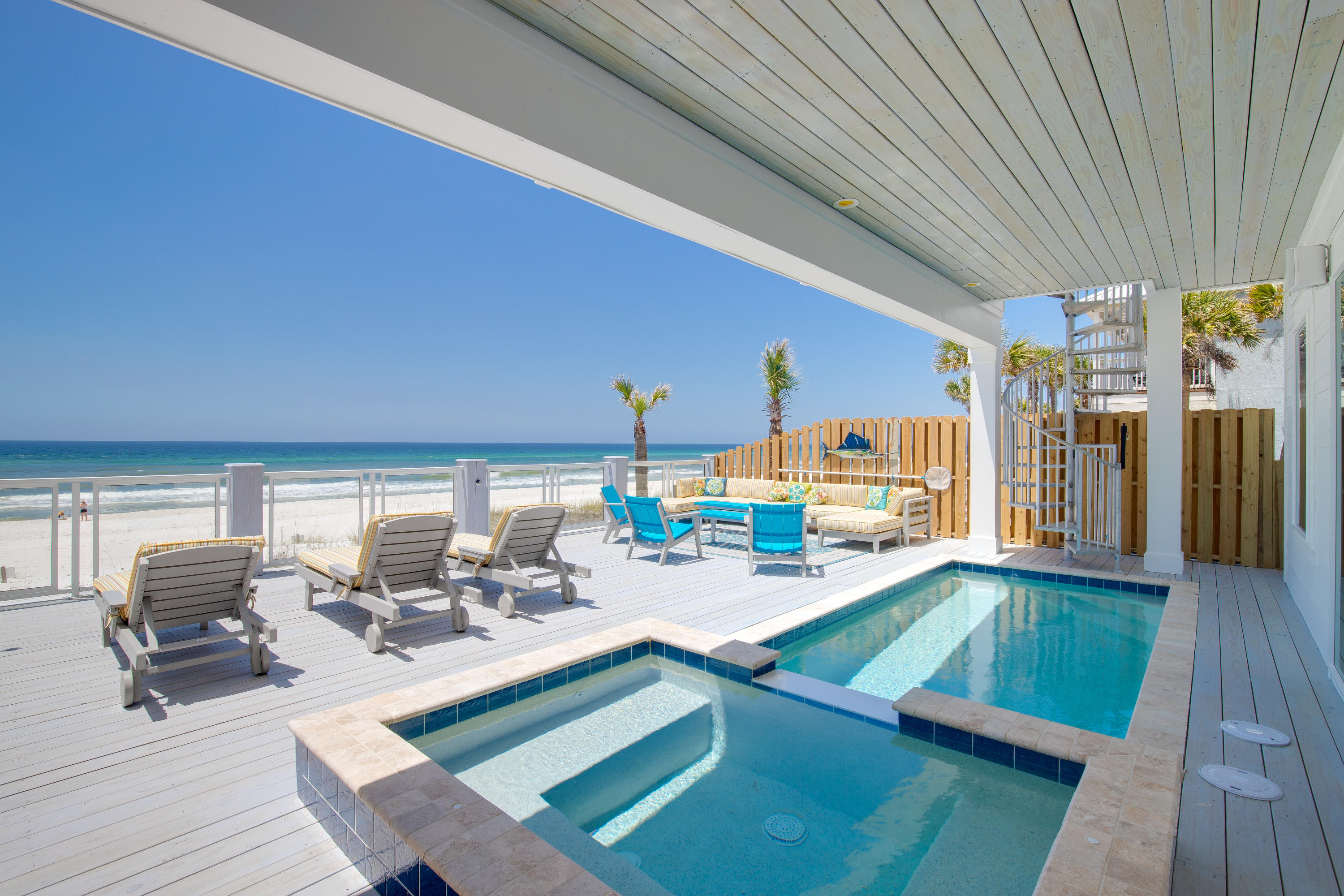 Boasting a magnificent gulf-front position, this newly completed custom beach house is the ultimate vacation home, either for living in or generating an impressive passive income. Laid out on four levels with breathtaking views, this spacious home offers over 5,198square feet of gulf-front living for up to 30 guests on a group vacation, family reunion, beach wedding or corporate retreat. Nine bedrooms along with a fun bunk room along with 10.5 bathrooms provide private amenities while two restaurant-worthy kitchens have everything you need for snacks, meals and drinks. Gather round the oversize table for meals, card games and late-night conversations and make plans for the day ahead. Challenge friends to games in the recreation room or relax in one of the sitting areas and watch movies and sports on TV. Beyond the generous gulf-front pool with its sun terrace and hot tub, the sparkling white sand and warm emerald waters provide endless fun in the sun. Take early morning walks along the soft sand and perhaps spot turtle nests, pretty seashells and wading birds picking their way along the water's edge. Laze away the days on your own private glass-fronted balcony enjoying far-reaching gulf views and gentle sea breezes. In less than 10 minutes you can be hiking and fishing in Camp Helen State Park or dining alfresco to live music in beautiful Rosemary Beach. Panama City Beach beckons with a host of natural and manmade attractions including fishing charters, go-karting and Pier Park. Whether you're in the market for a luxury vacation home, rental income or a combination of the two, this modern gulf-front beach home has a tempting potential income of around $300,000 a year.