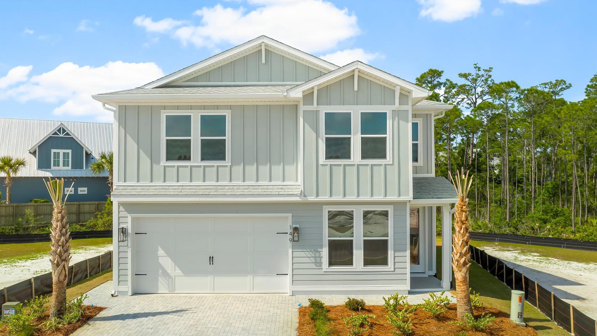 Introducing the Ava floor plan: a spacious two-story home boasting 2,717 square feet of elegant living space. This stunning residence features five bedrooms, four and a half baths, and a two-car garage, designed to accommodate both coastal comfort and style.
Featuring quartz countertops, gas cooktops, farmhouse sink, crown molding, tankless water heater, outdoor shower and so much more!
Discover our new beach community on the south side of Highway 30A in Dune Allen. Enjoy pristine sands until sunset or explore Topsail Hill Preserve State Park, with three miles of white sand beaches and 25-foot dunes.
Amenities include a Zero entry pool, pool house with covered outdoor kitchen, TV and fireplace. Scenic board walk throughout the community and illuminated water features.