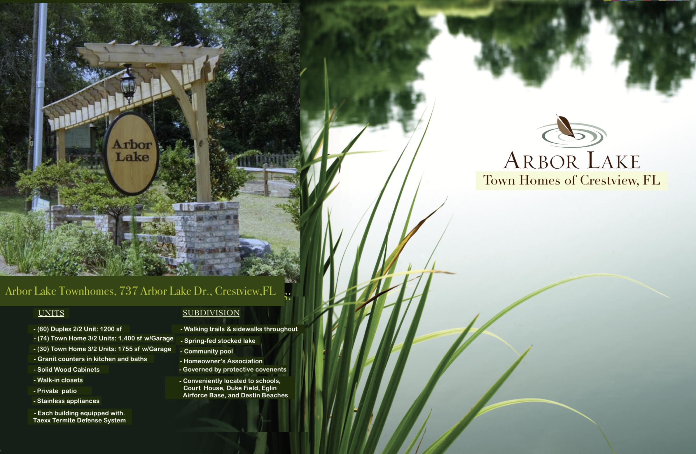 Arbor Lake Townhomes in Crestview, FL, is a 12.84-acre Subdivision being offered FOR SALE in Two (2) Phase;  
PHASE I includes thirty-six (36) publicly recorded pad sites on 3.31 acres of 'improved' property, including all horizontal improvements: underground infrastructure, road, curbing, street lighting, HOA pool & pool house, and entrance sign completed in 2012. Each recorded pad site comes shovel-ready to receive vertical improvements for thirty-six (36) 1,250 square foot, two-bedroom, two-and-a-half bathroom townhome units. 
PHASE II offers 91 (formerly entitled) units of townhome density with single-car garages planned on 9.53 majestic acres, offering panoramic views of Arbor Lake from a multi-tiered topography reminiscent of the hill country of North Georgia.  (cont. below)