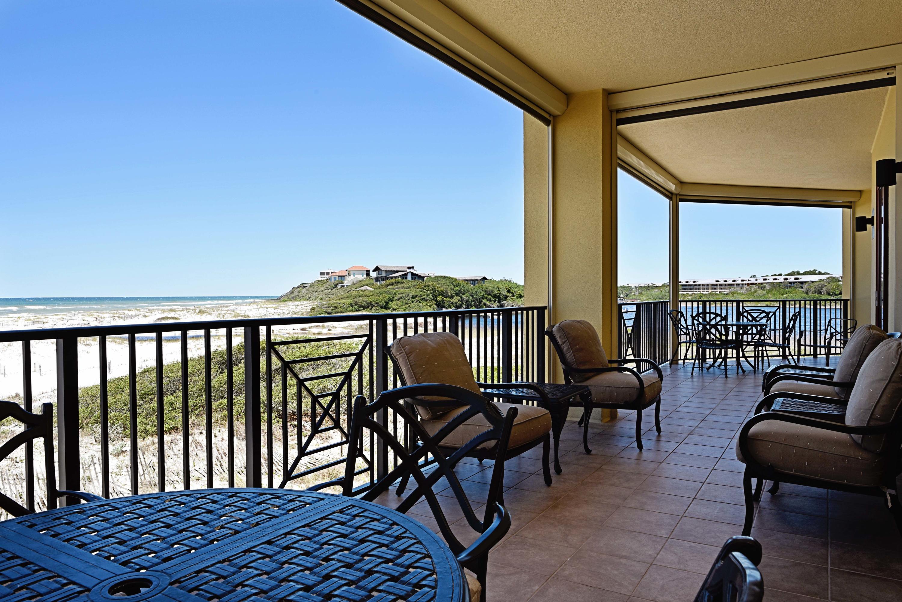 Live right on the beach with incredible gulf views from all the main living areas, the master & guest bedroom. This condo also INCLUDES A POOLSIDE CABANA just steps from your door (see photos)! In addition to the expansive living areas perfect for family, friends & entertaining, you'll have a 500 sq ft master with fireplace, gulf front balcony & an elegant bath with whirlpool & steam shower, 2 additional bedroom suites, an office, and 15'x22' media room that's been professionally remodeled to include a full bath and two closets. Finishes include 10' ceilings, wide crown molding, 7'' baseboards, 8' doors, 2 gas fireplaces, a wet bar, travertine in main living areas, and a tiled balcony. The kitchen is a chef's dream with ''Santa Cecelia'' stone tops and custom glazed Cherry cabinets that showcase high-end Viking appliances. With only 82  residences on 23 secluded acres fronting the Gulf, Sanctuary by the Sea offers serenity and privacy unequaled on the Florida coast. This gated community has over 650 feet of gulf frontage and is nestled next to a rare coastal dune lake and a private nature preserve. Community amenities include 3 large pools, whirlpools, gas fire pits & grilling areas, optional poolside cabana's (included with this condo), Owners' Club with a large fitness center, virtual golf room, family theatre, video game area, meeting and conference facilities.